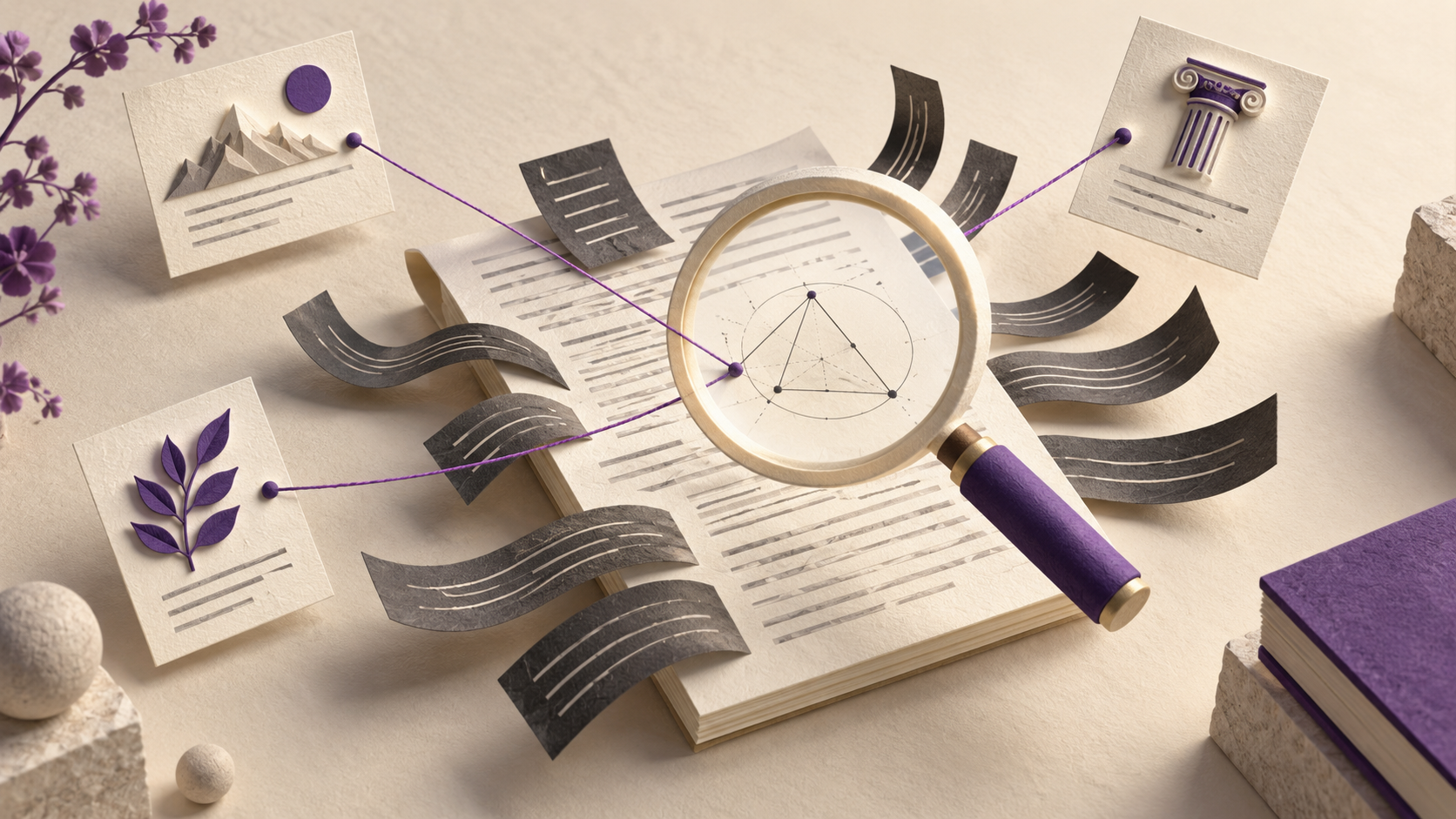 A magnifying glass examines a research diagram connected to reference cards.