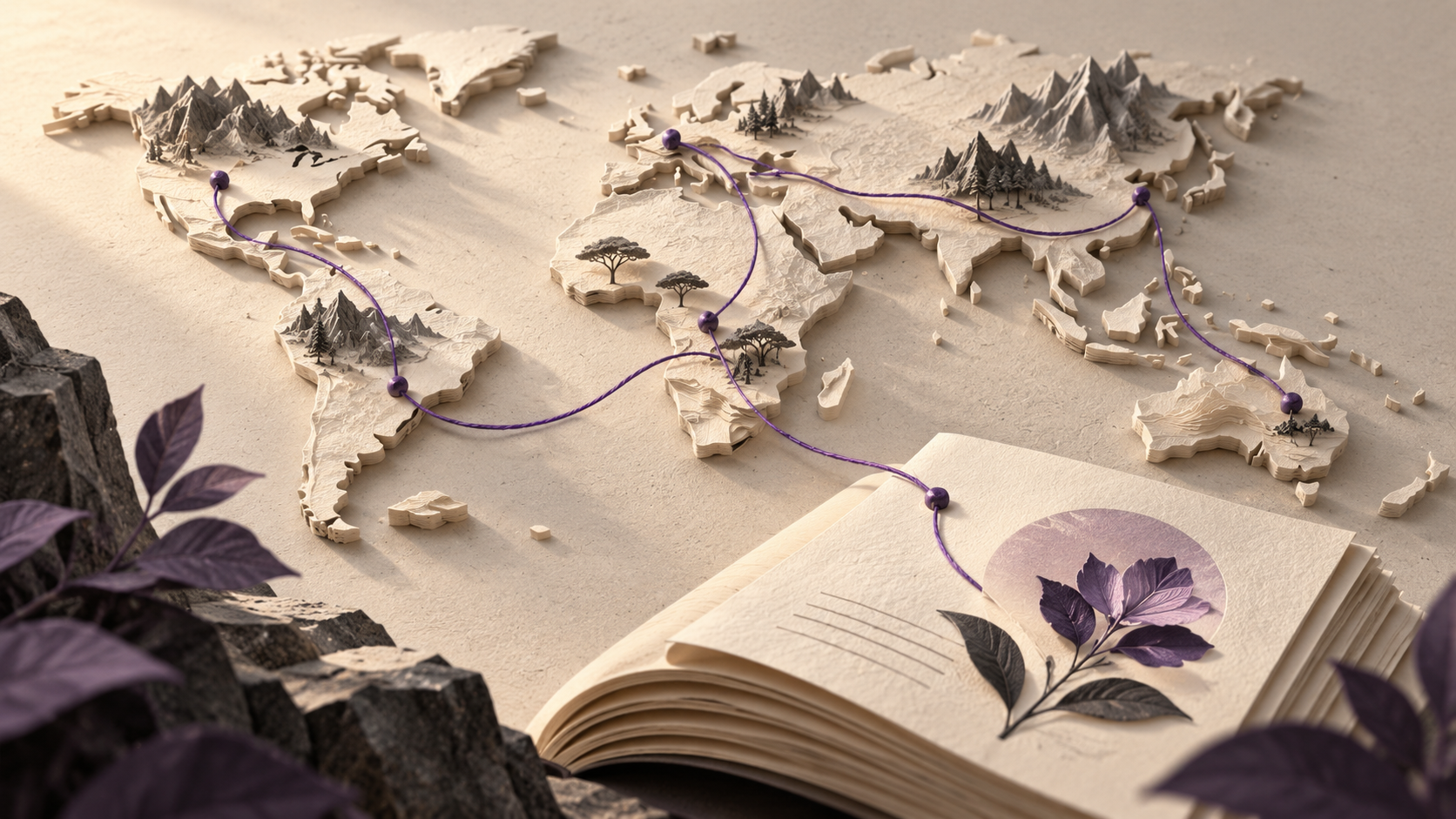 A violet thread connects paper map shapes to an editorial page.