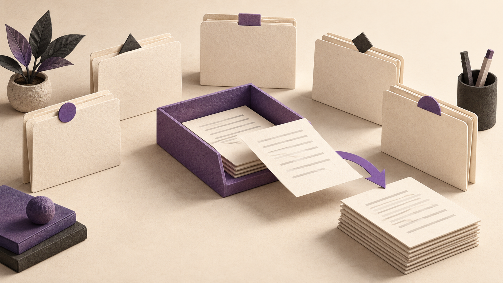 Five client folders surround a violet tray for reviewing drafts.