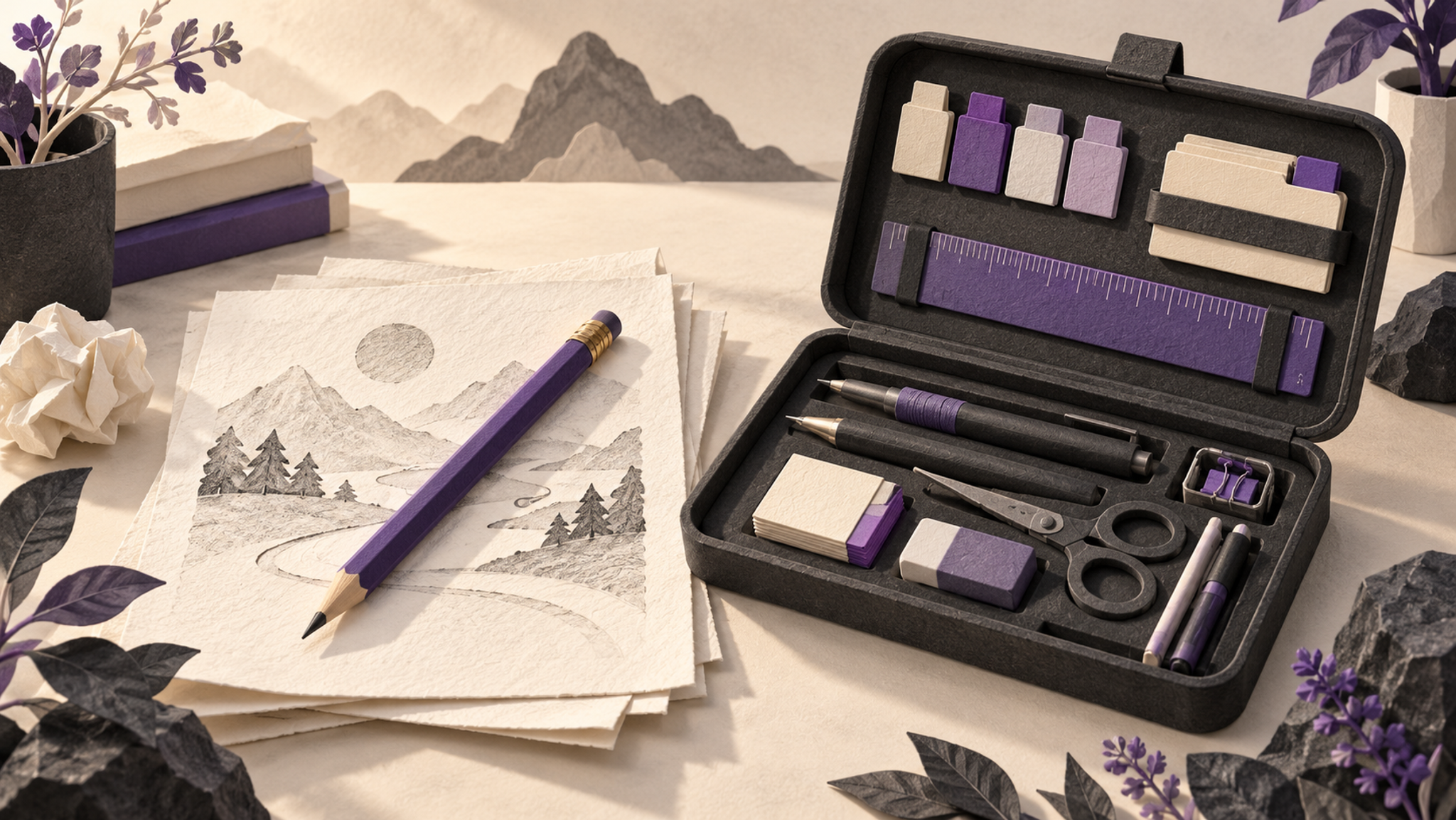 A violet pencil and paper sit beside an open case of editing tools.