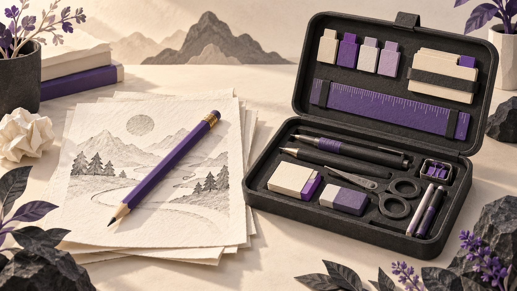 A violet pencil and paper sit beside an open case of editing tools.