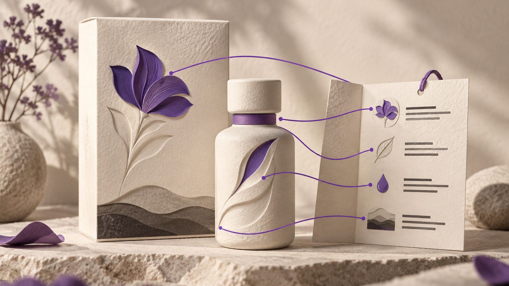 A product box and bottle sit beside a specification tag with violet connecting bands.