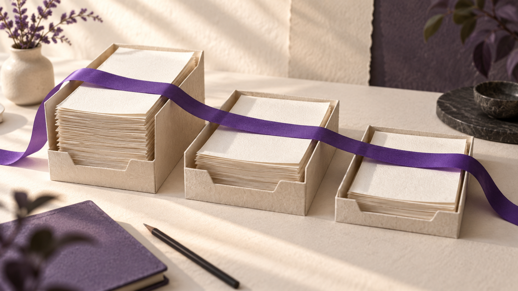 A violet ribbon crosses three paper trays holding different amounts of draft pages.