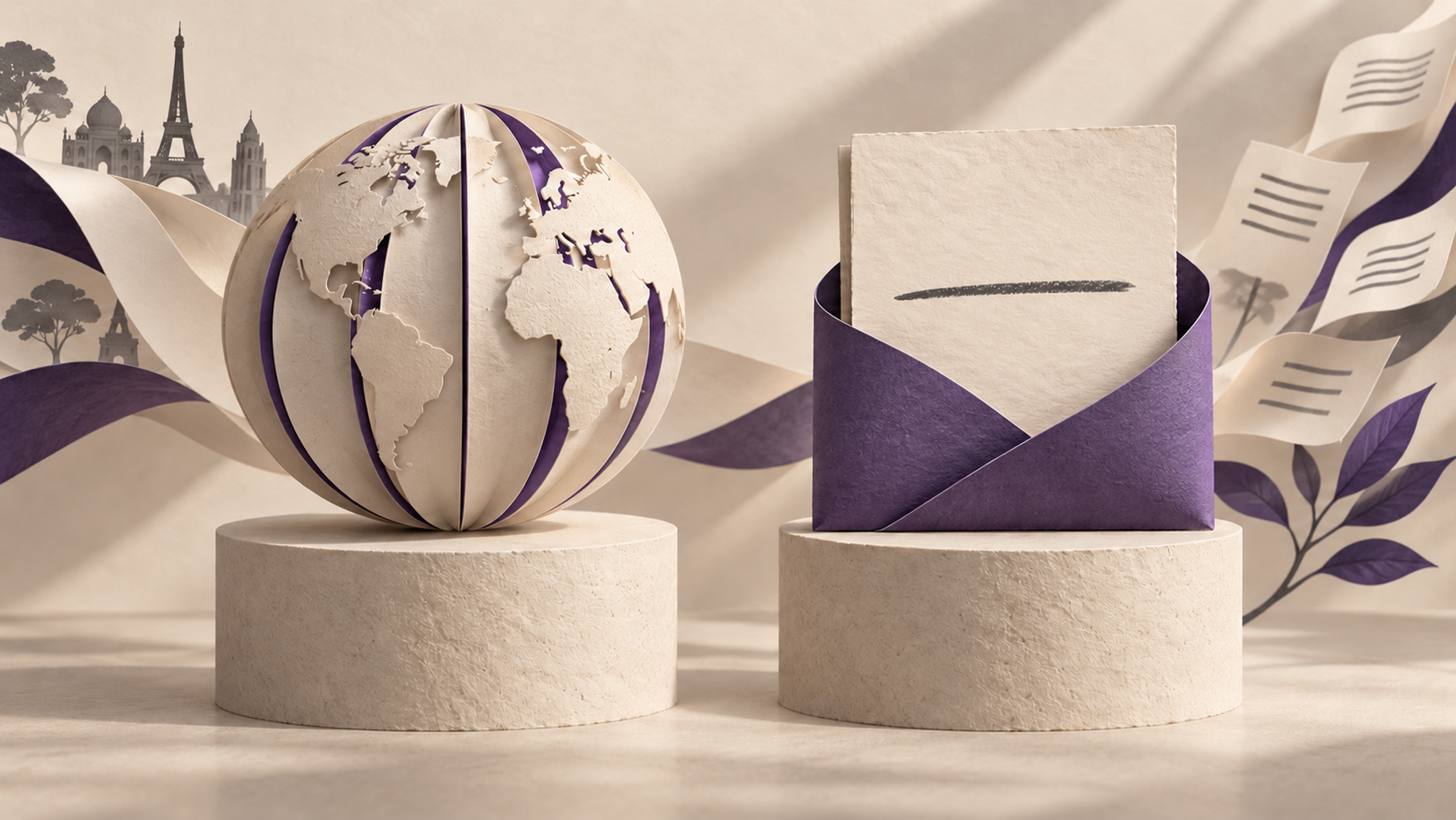A paper globe stands beside a page tucked into a violet envelope.