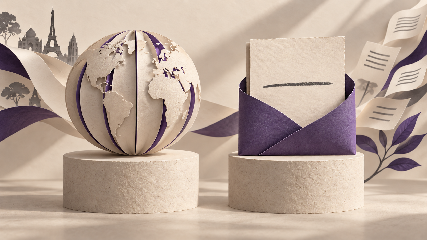 A paper globe stands beside a page tucked into a violet envelope.