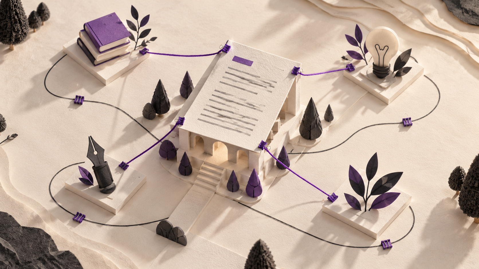An article-shaped roof connects through violet threads to four topic displays.