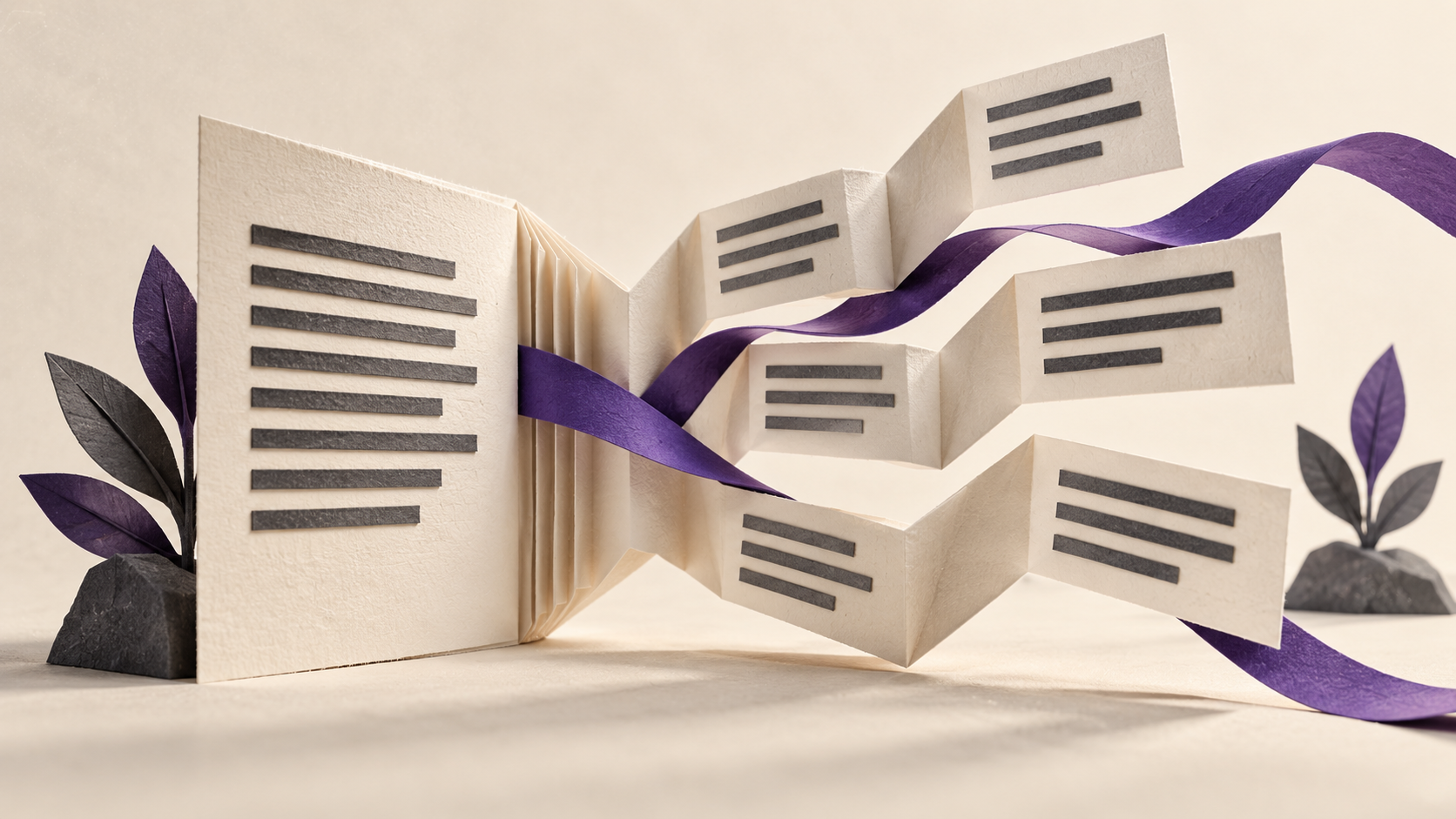 A concertina document opens into several sentence arrangements joined by a violet strip.