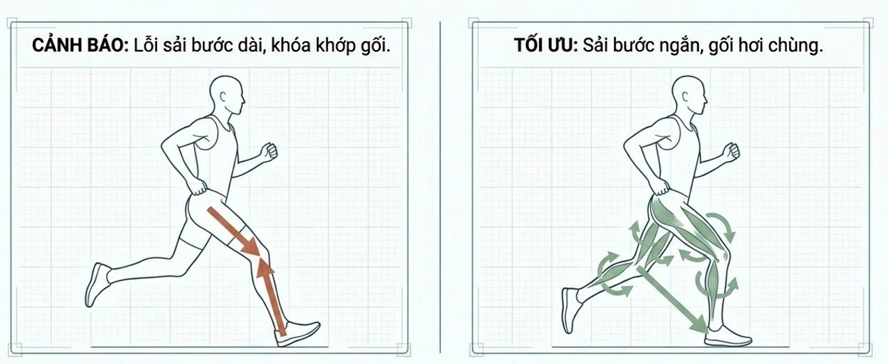 Diagram kỹ thuật chạy bộ - cảnh báo overstriding khóa khớp gối vs tối ưu sải bước ngắn
