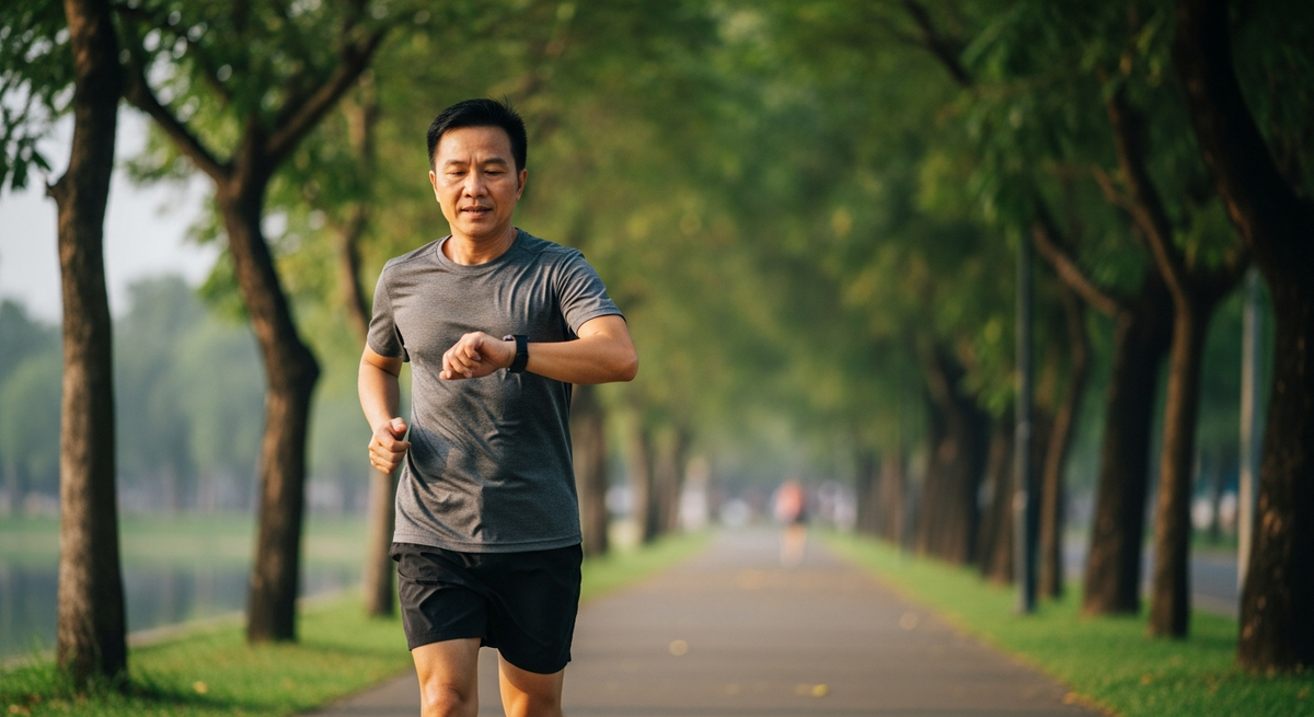 Người mới chạy bộ chạy chậm trên đường công viên