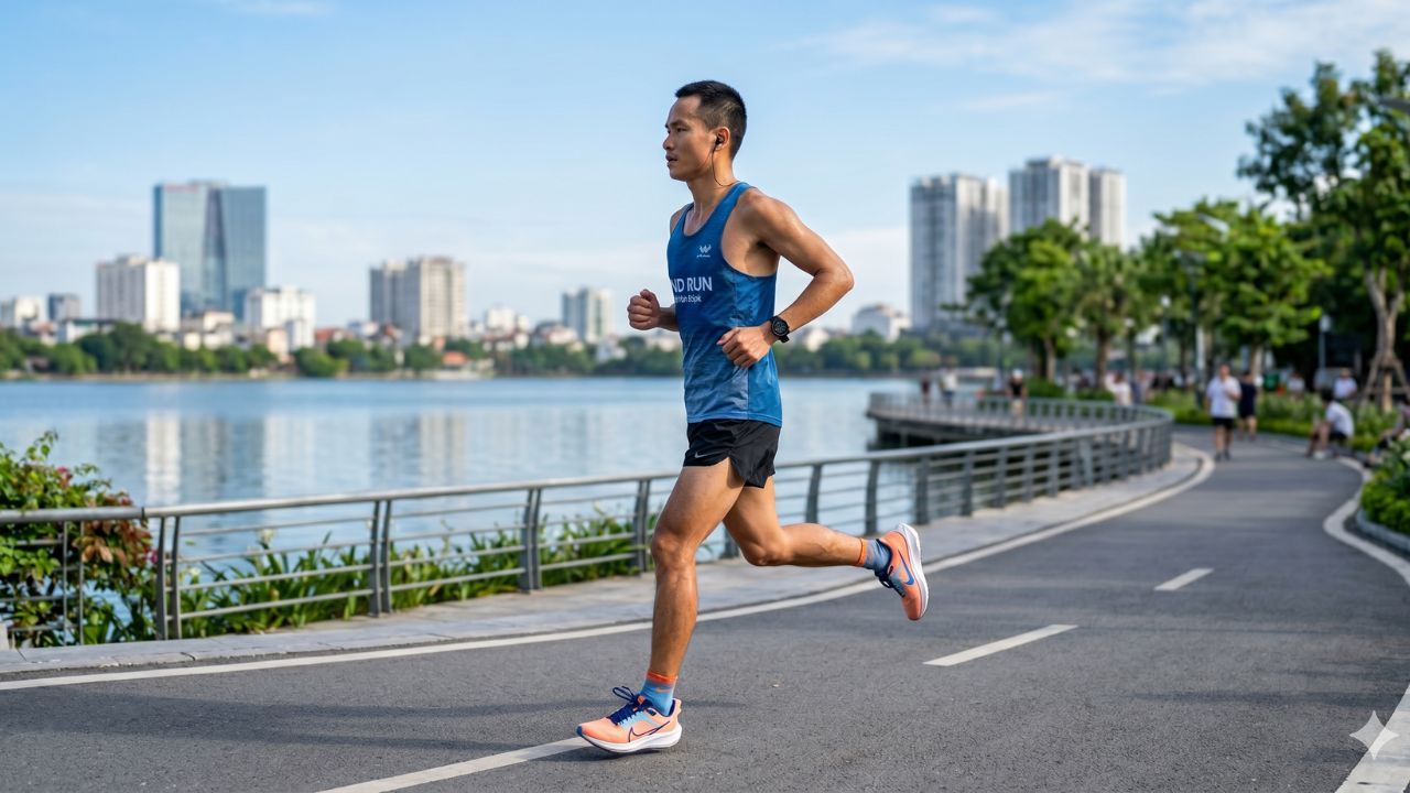 Runner Hà Nội side-view với dáng chạy thẳng trục, tiếp đất giữa bàn chân