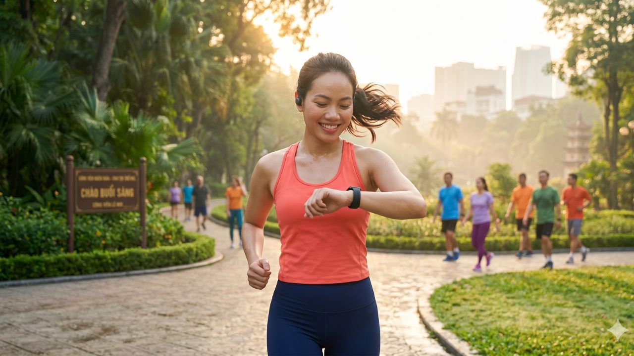 Người chạy bộ kiểm tra nhịp tim trên đồng hồ thông minh tại công viên Hà Nội