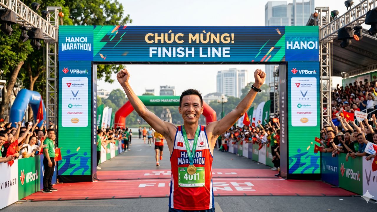 Runner ăn mừng tại finish line Hanoi Marathon - chạy bộ đúng cách giúp về đích an toàn