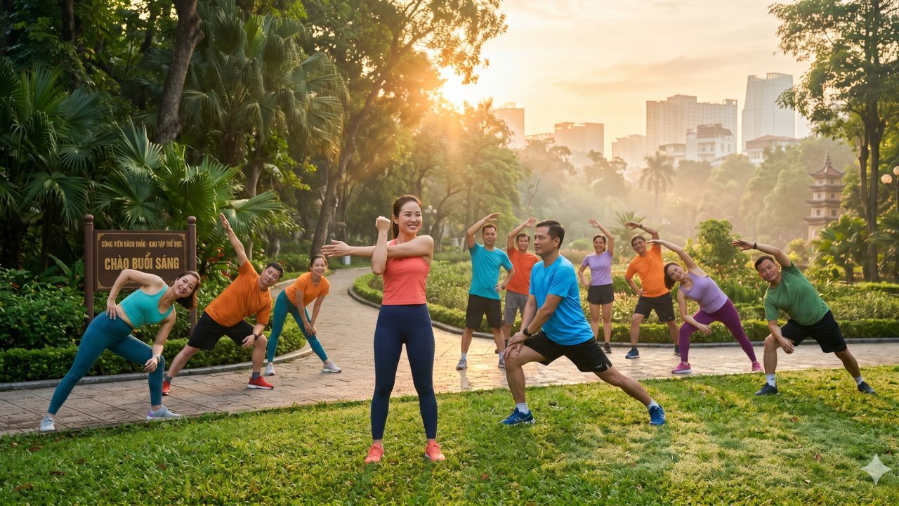 Nhóm khởi động và giãn cơ trước khi chạy bộ tại công viên