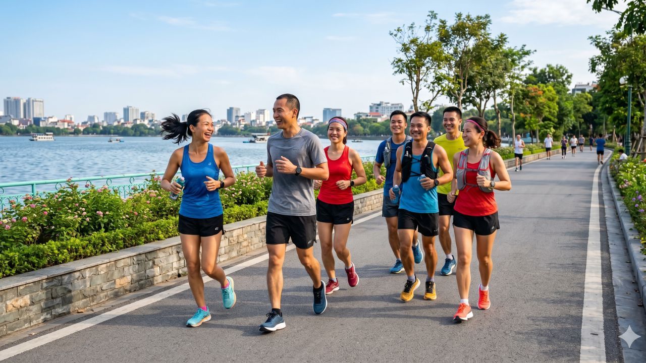 Nhóm runner chạy bộ cùng nhau quanh Hồ Tây Hà Nội - chạy bộ đúng cách