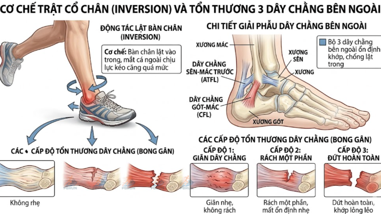 Cơ chế trật cổ chân chạy trail với 3 dây chằng bên ngoài