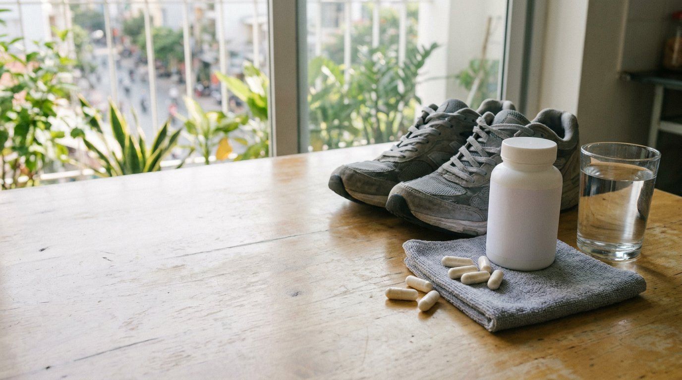 Viên uống glucosamine đặt cạnh đôi giày chạy bộ trên bàn