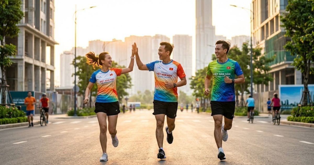 Nhóm runner chạy bộ cùng nhau trên đường — từ lịch tập đến giáo án chạy bộ theo cự ly