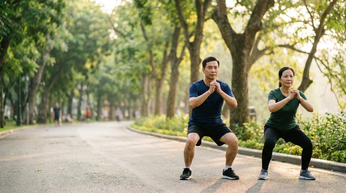 Hai người khoảng 50 tuổi tập squat trong công viên, tập luyện là khuyến nghị mạnh của ACR cho gối thoái hoá