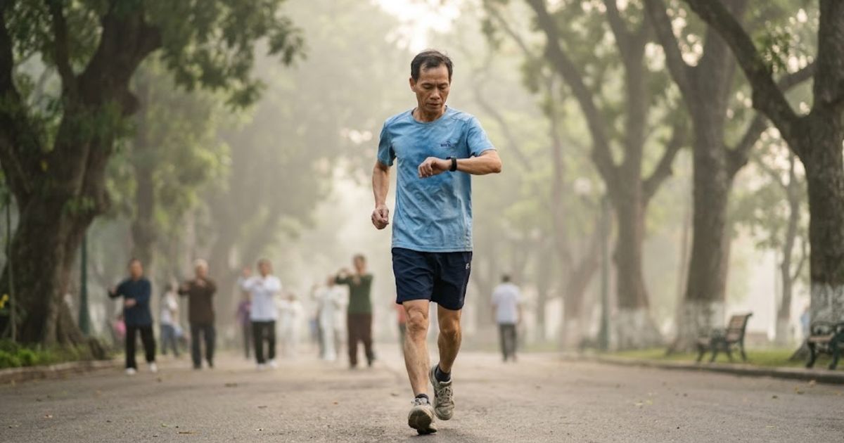 Runner chạy nhẹ trên đường cây xanh buổi sáng sớm — 80% thời gian tập nên ở cường độ thấp