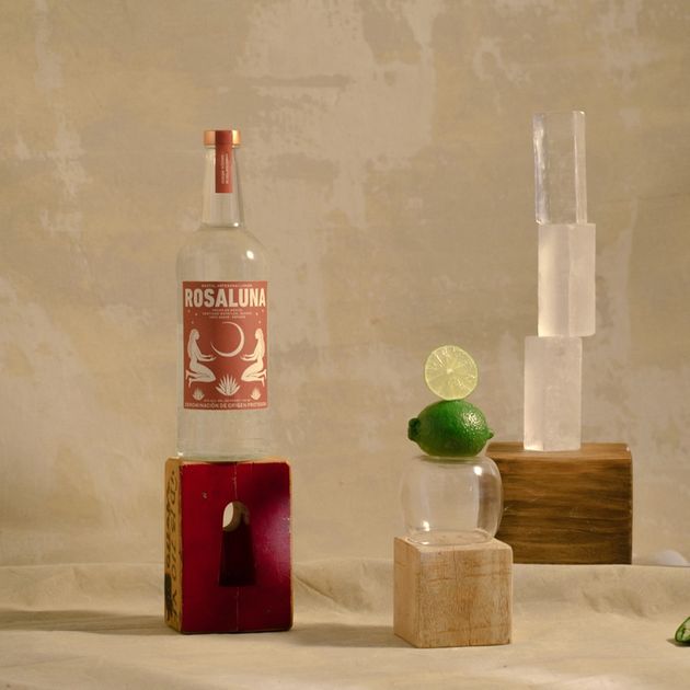 Still life composition of a Rosaluna Mezcal bottle and various objects, fruits, and wooden blocks.