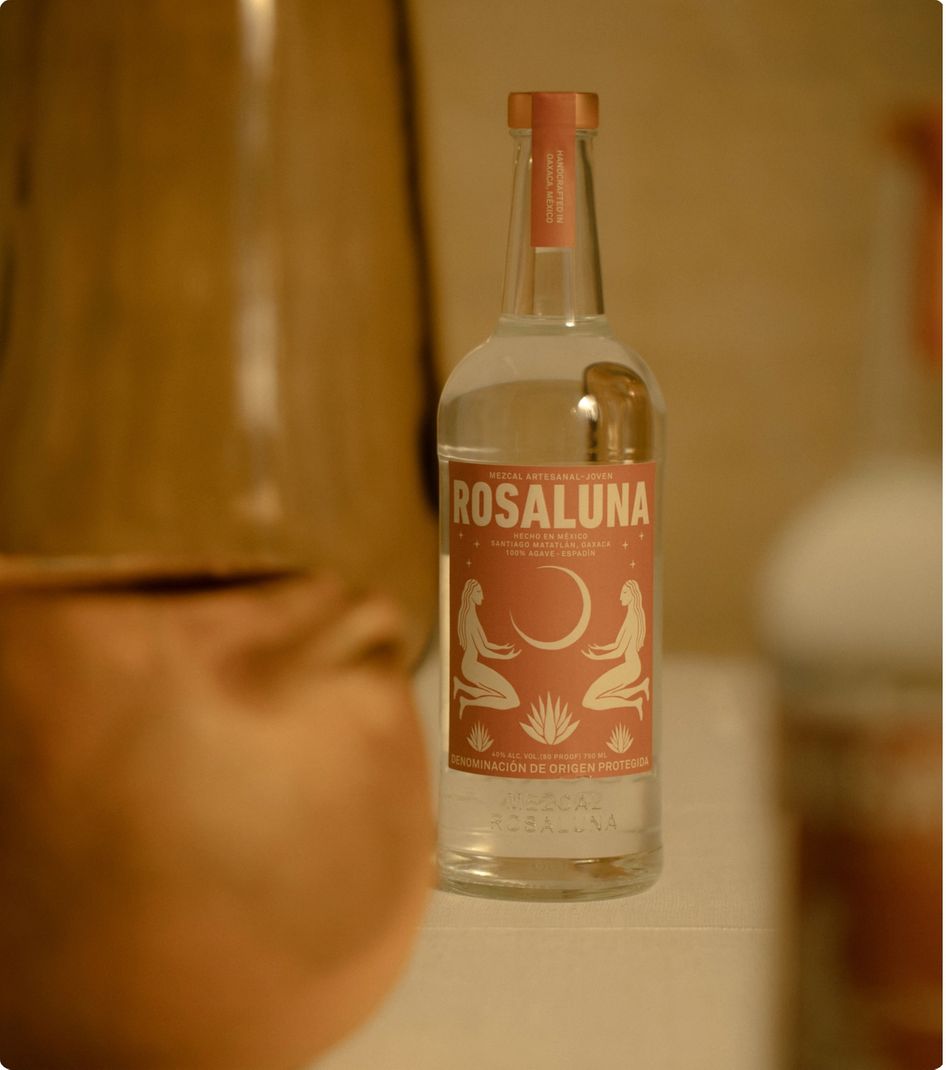 Still life of Rosaluna Mezcal bottle