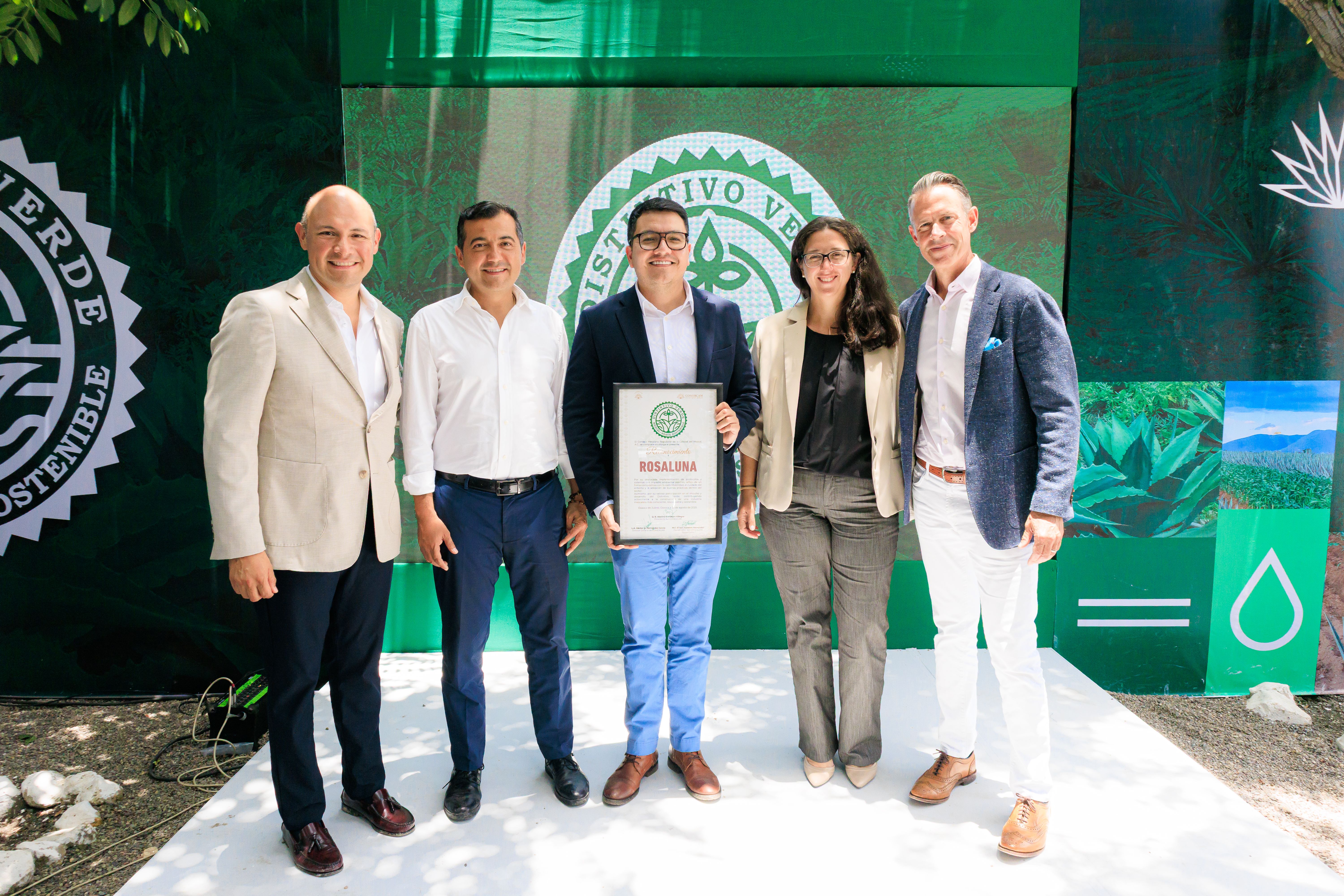From left to right: Juan José Méndez León, Master Distiller of Rosaluna Mezcal; Senator Luis Alfonso Silva Romo; Juan Carlos Estrada, Director of Operations, Rosaluna Mezcal; Vicky Garfield, CFO, Rosaluna Mezcal; and Steve McGarry, CEO, Rosaluna Mezcal.
