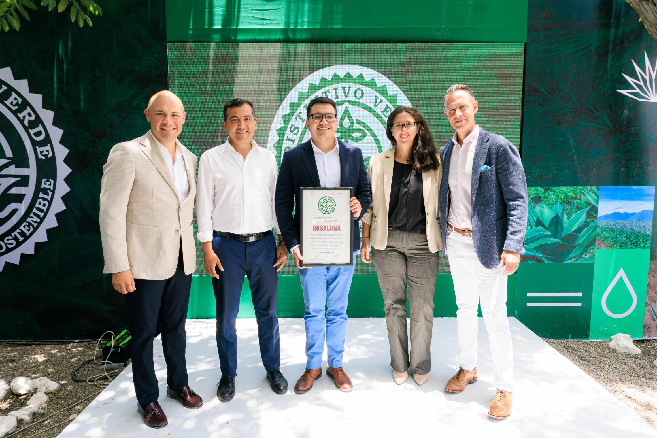From left to right: Juan José Méndez León, Master Distiller of Rosaluna Mezcal; Senator Luis Alfonso Silva Romo; Juan Carlos Estrada, Director of Operations, Rosaluna Mezcal; Vicky Garfield, CFO, Rosaluna Mezcal; and Steve McGarry, CEO, Rosaluna Mezcal.