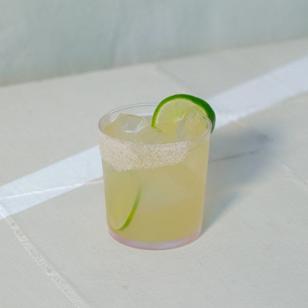Rosaluna Mezcal Margarita with lime garnish and salted rim
