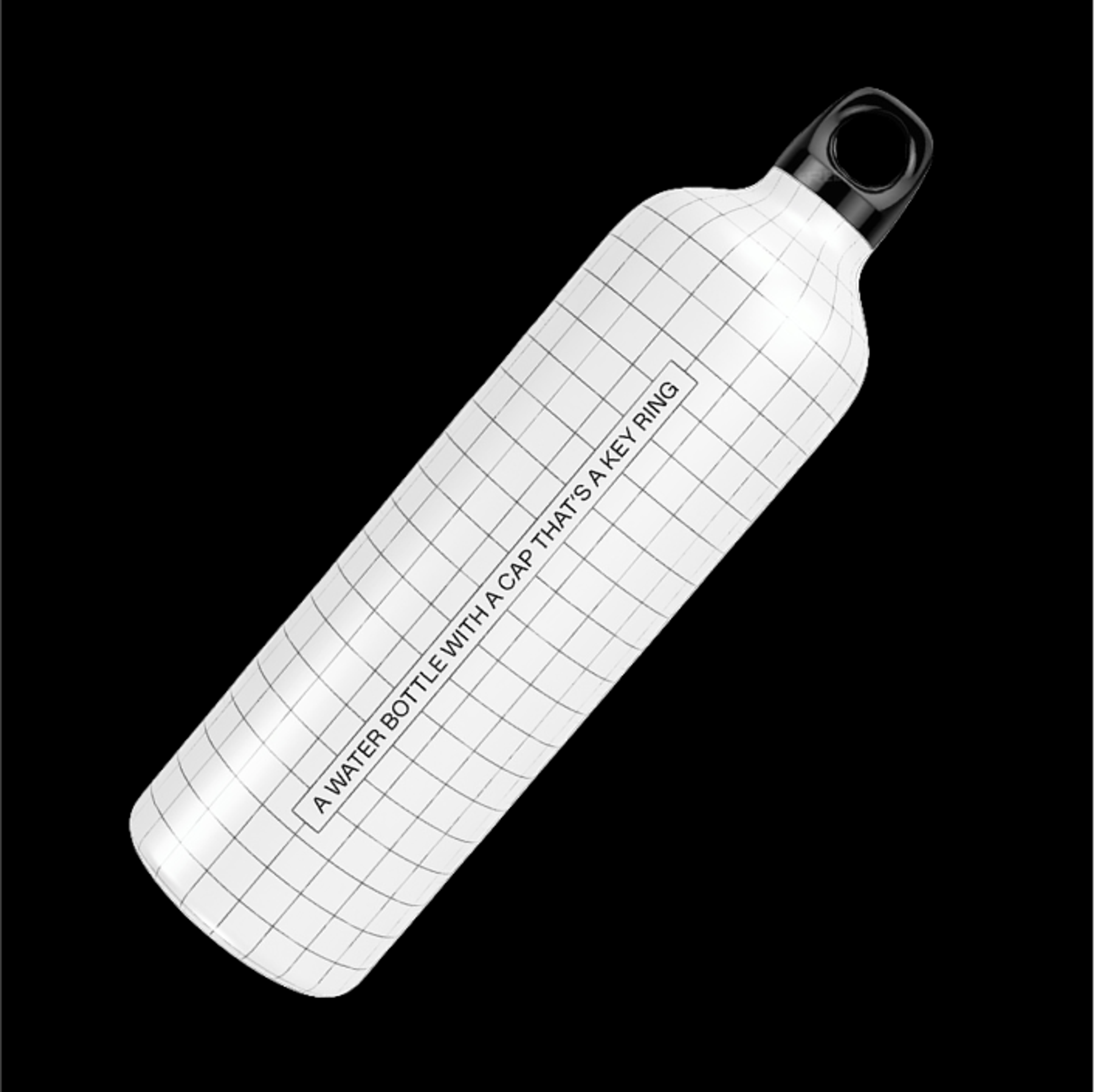 Image of a yellow-branded metal water bottle. It is printed to have the 3d mesh texture all over it, and features a prompt tag that reads "A WATER BOTTLE WITH A CAP THAT'S A KEY RING". Copyright Cotton Design, Talia Cotton