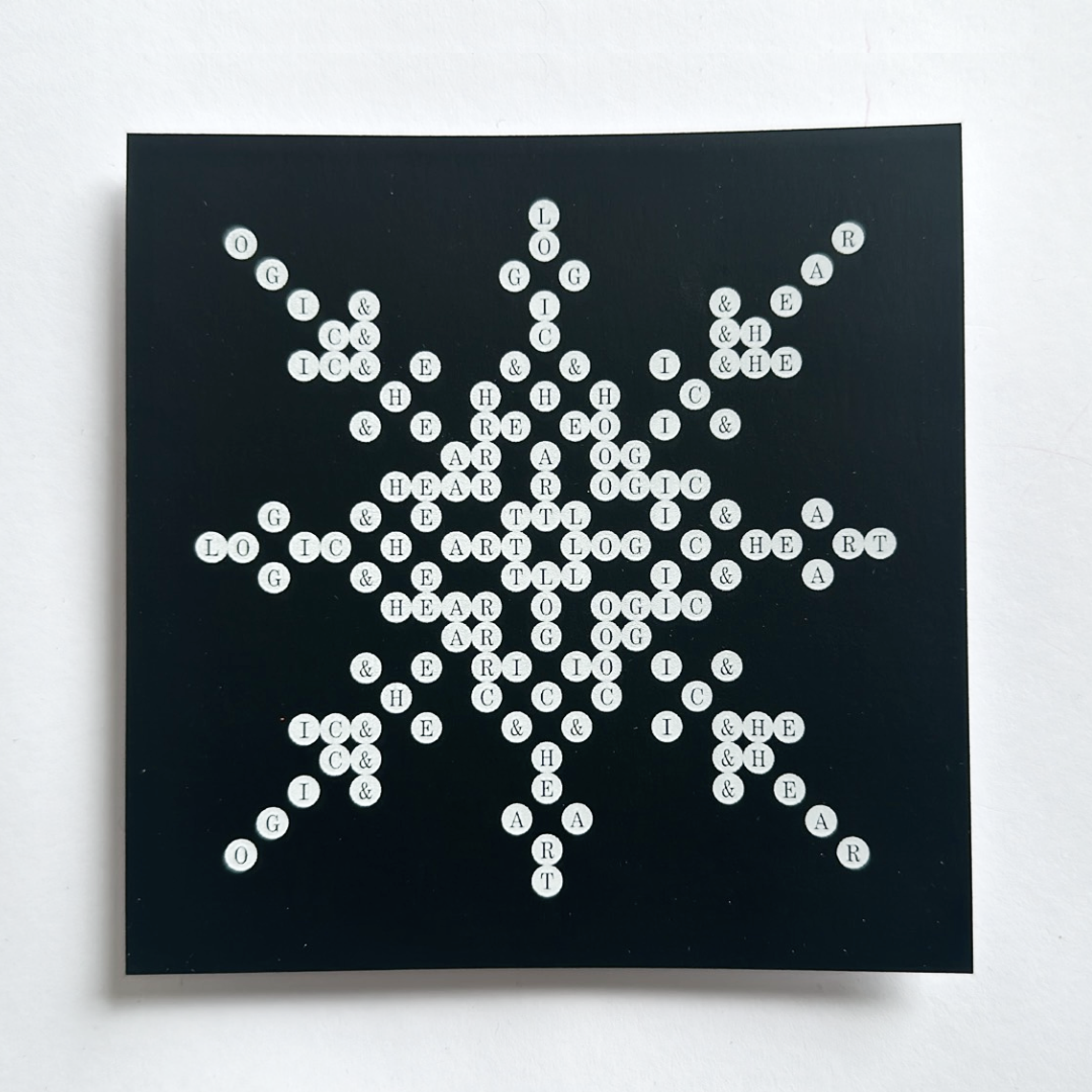 white circles with letters in them. Copyright Cotton Design, Talia Cotton