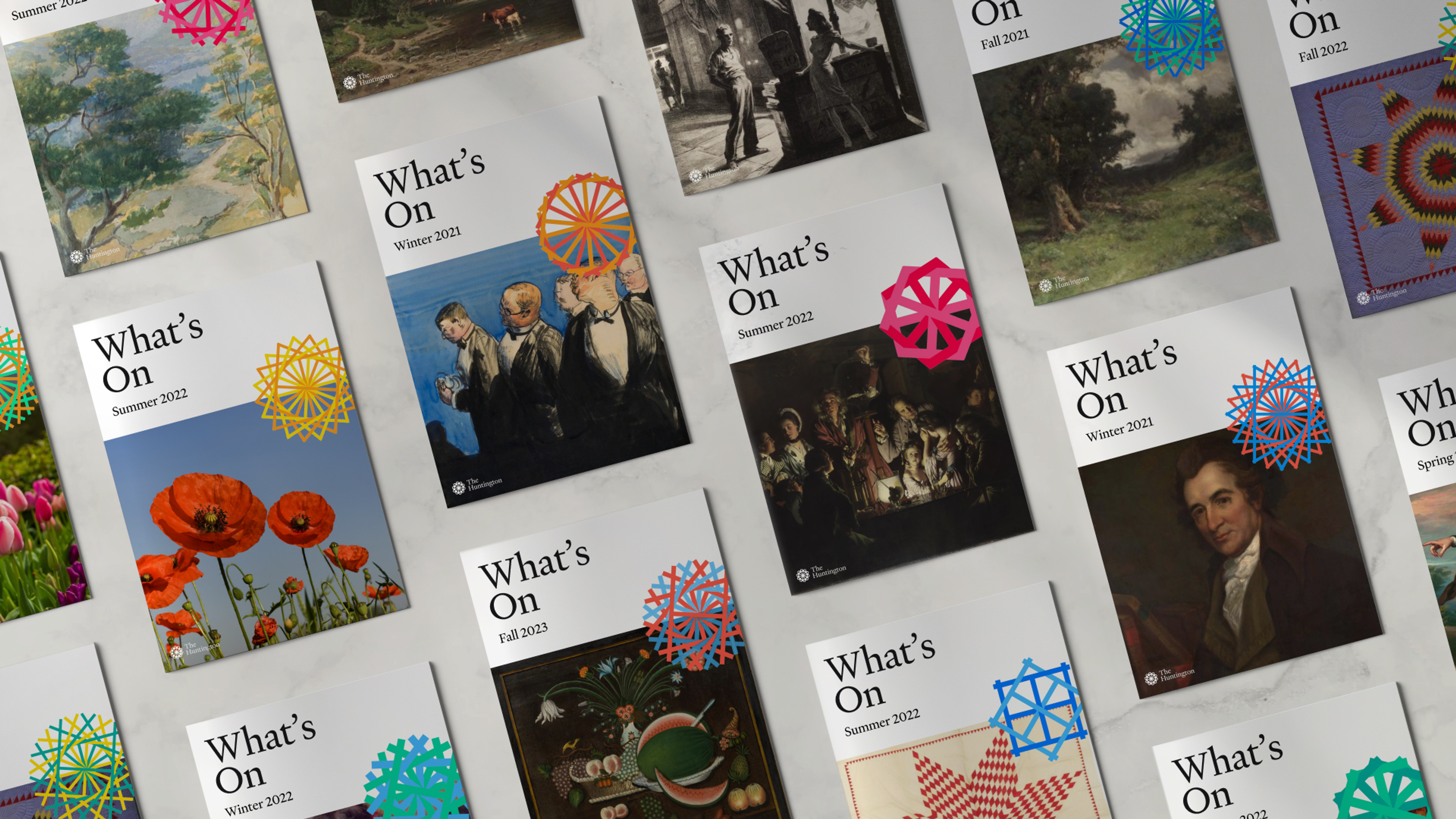 brochure of "what's on" with various cover images and stickers. Copyright Cotton Design, Talia Cotton