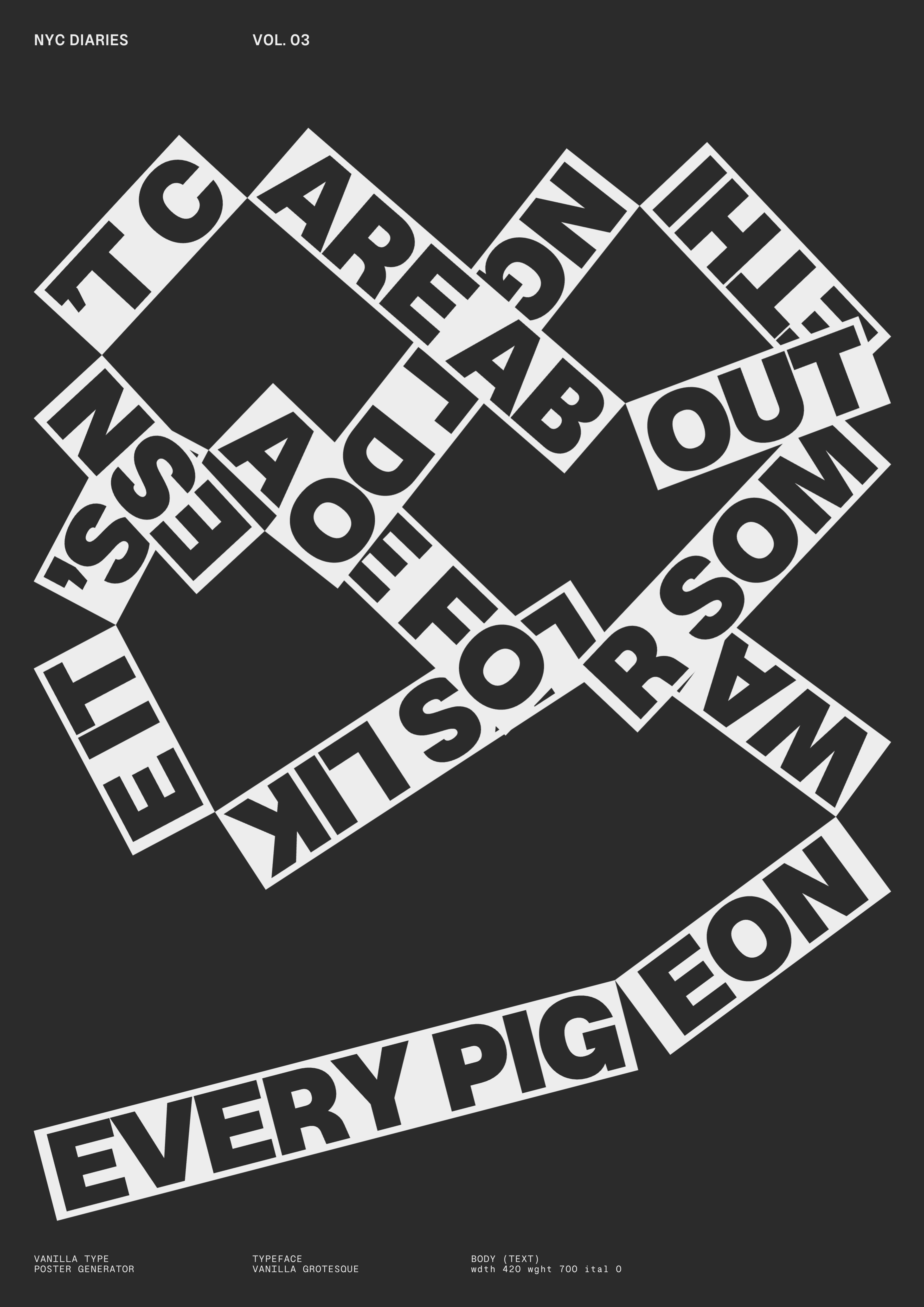 Rotated blocks spelling: “To Live Outside the Law You Must Be Honest.”. Copyright Cotton Design, Talia Cotton