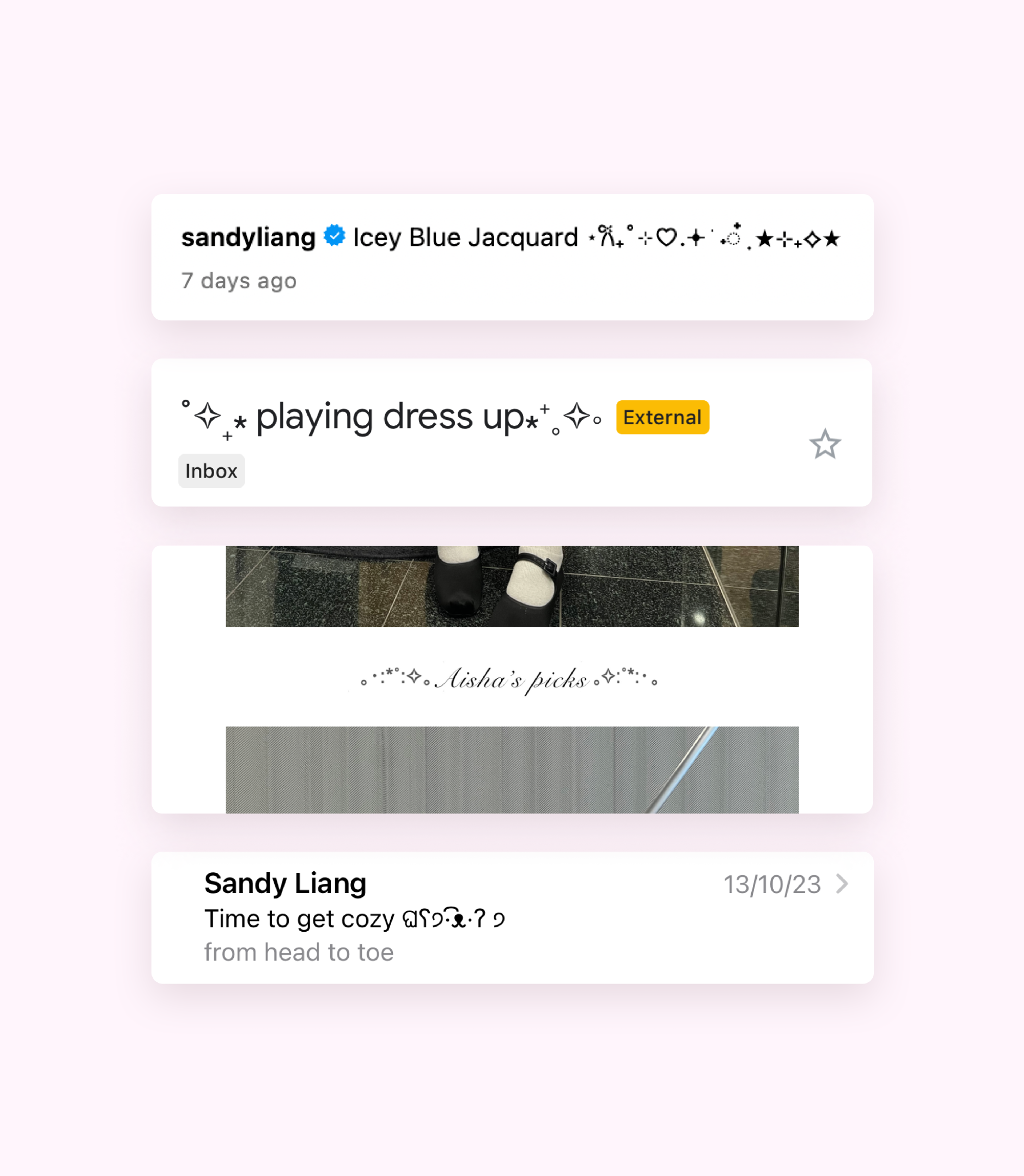 Sandy Liang Kaomojis screenshots in application in emails and newsletters. Copyright Cotton Design, Talia Cotton