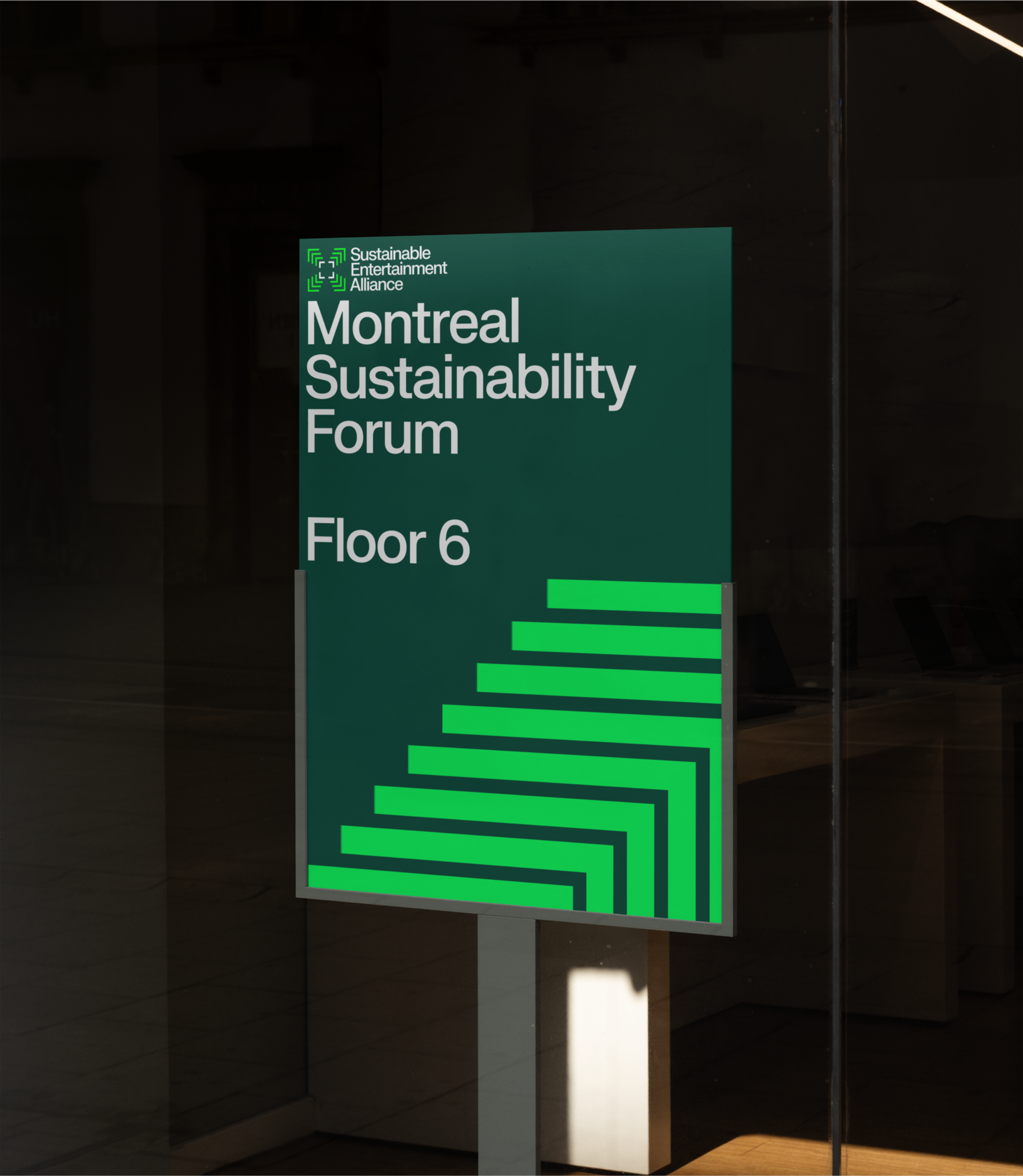 Montreal Sustainability Forum sign with a "Floor 6" and the SEA pattern that looks like stairs.. Copyright Cotton Design, Talia Cotton