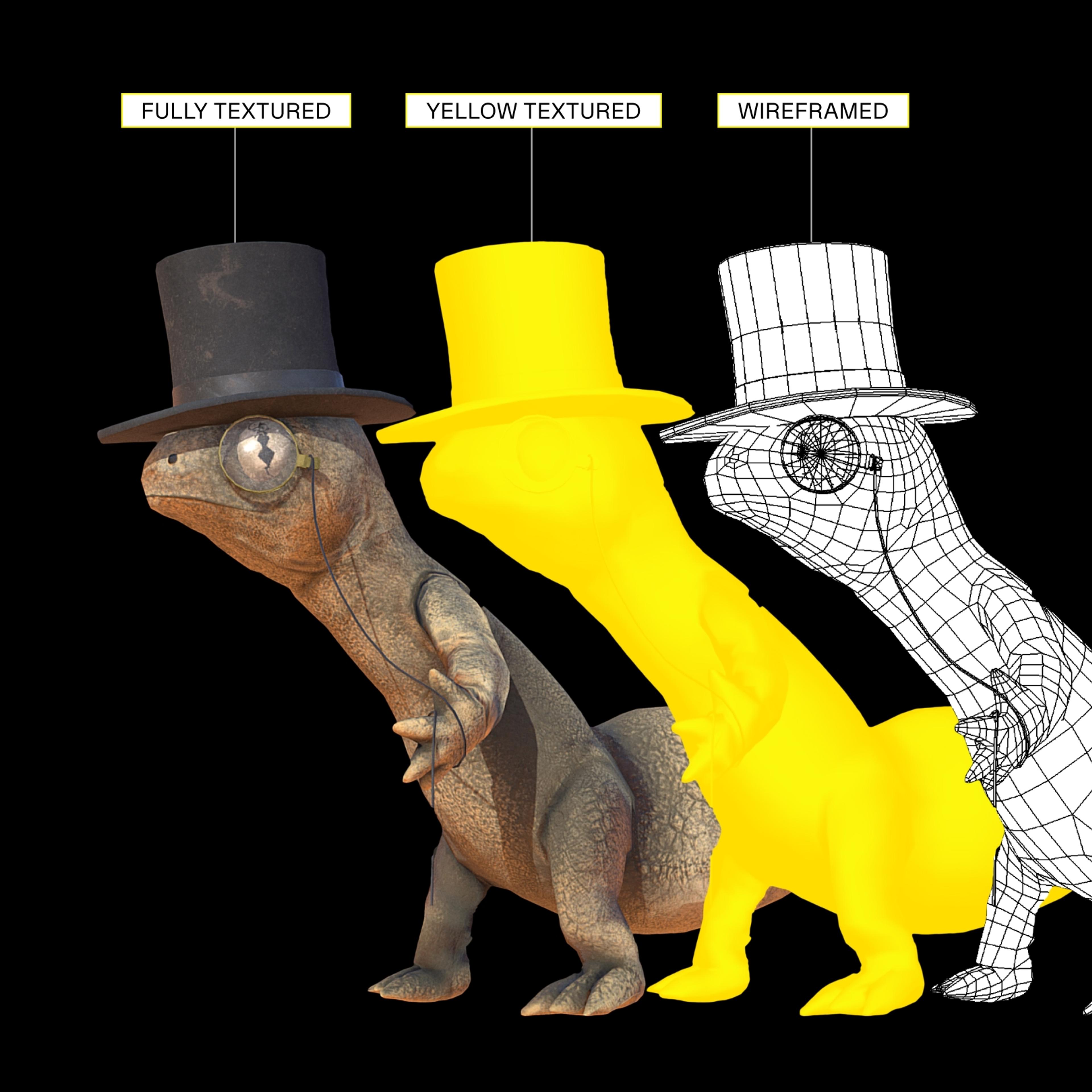 Image of 3 versions of the same 3d model of a lizard wearing a tophat — each has a different skin/texture that can be used in Yellow's brand. The three textures are fully textured, yellow textured, and wireframed.. Copyright Cotton Design, Talia Cotton