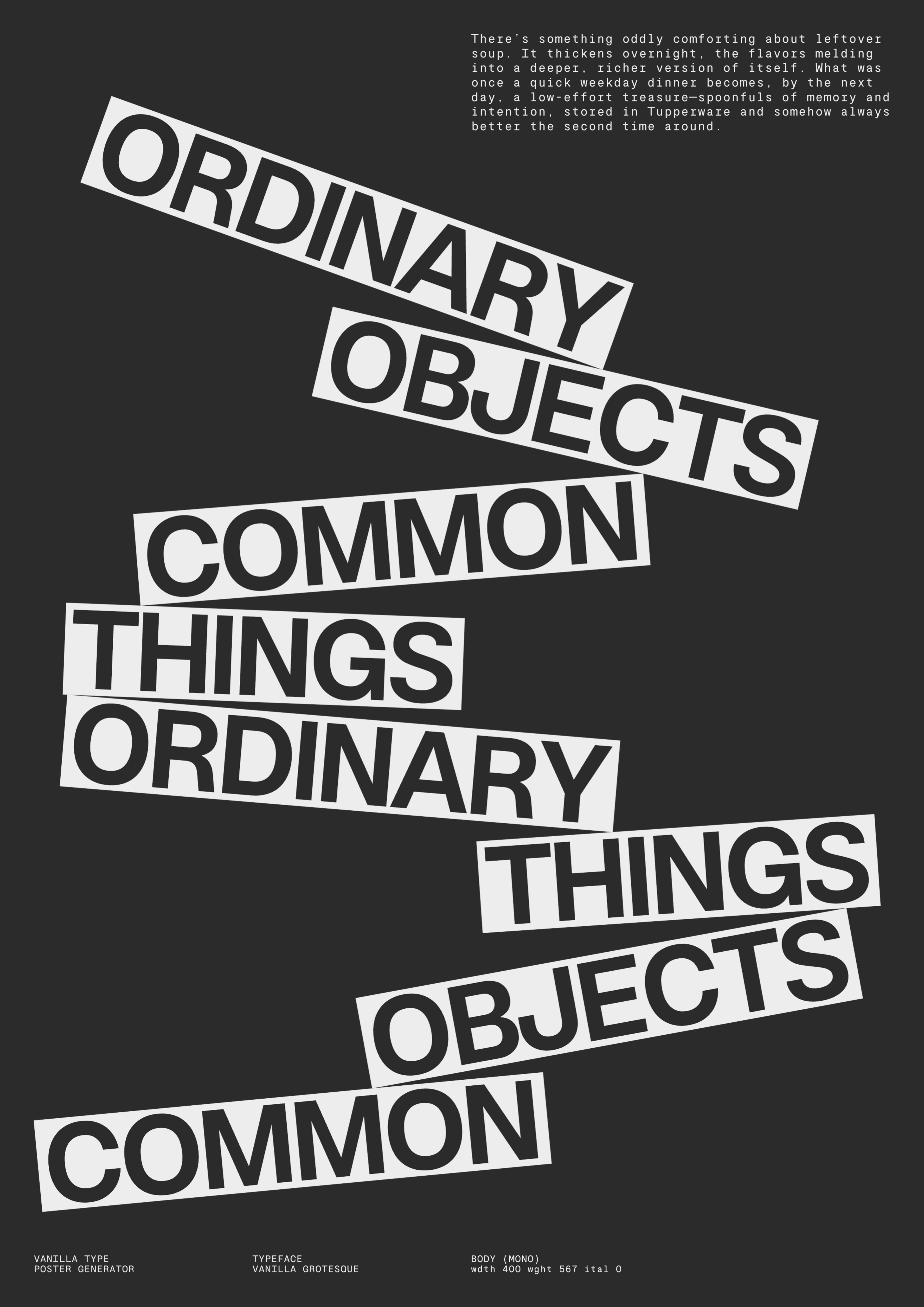 Words on rotated blocks: “Ordinary Things Common Objects.”. Copyright Cotton Design, Talia Cotton
