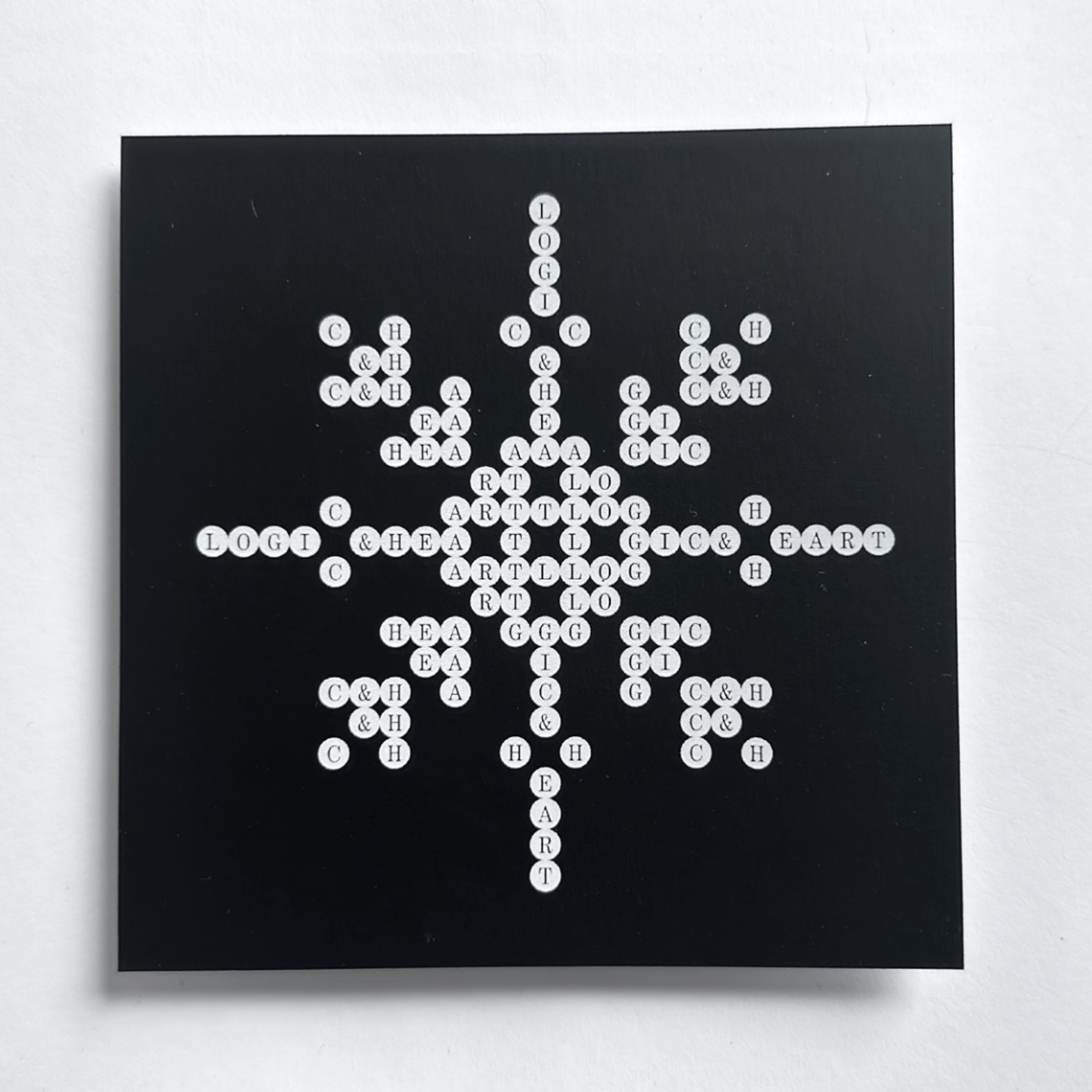 white circles with letters in them. Copyright Cotton Design, Talia Cotton