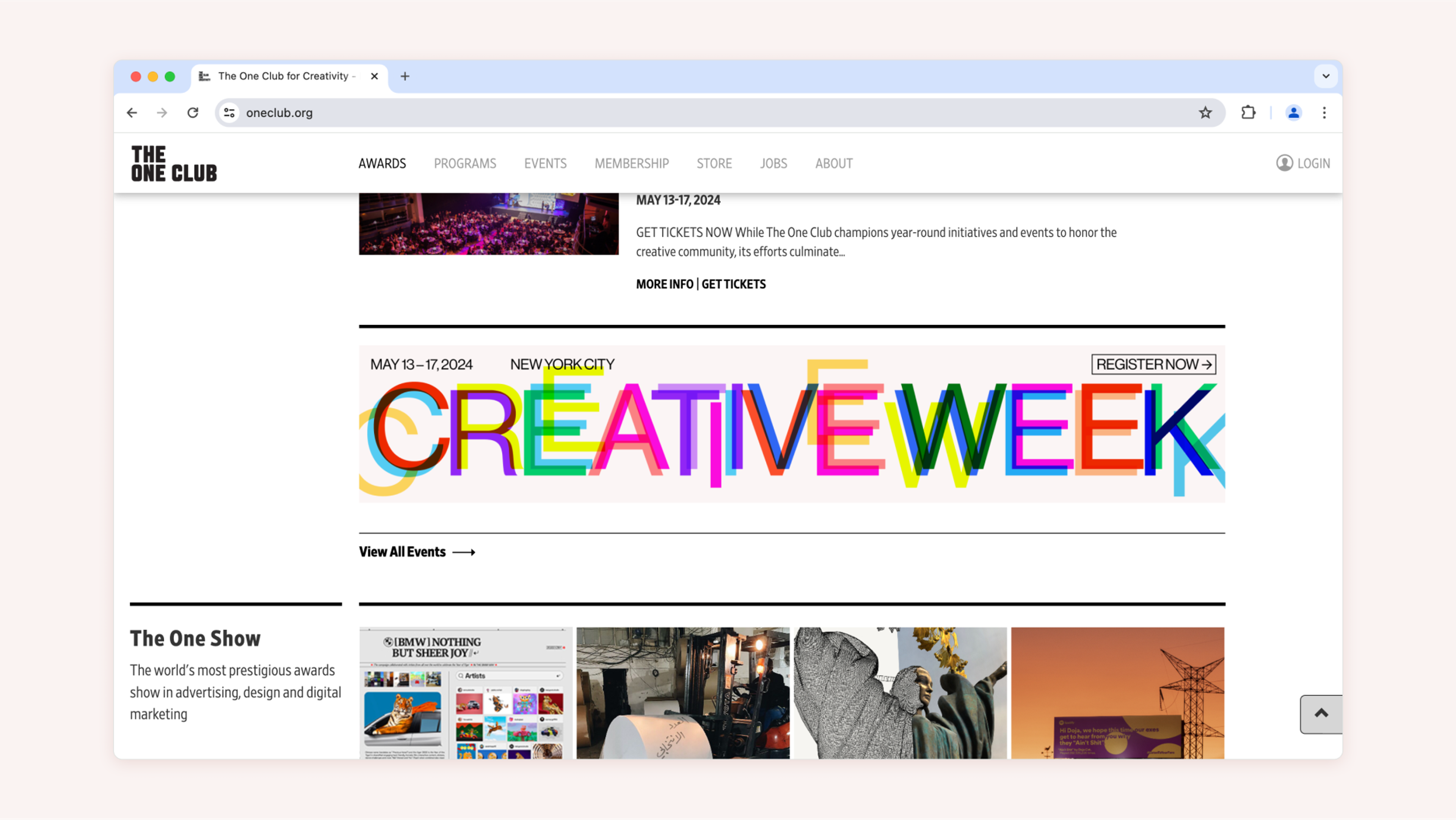 Digital ad on the One Club website that reads "Creative Week" in colorful type. Copyright Cotton Design, Talia Cotton