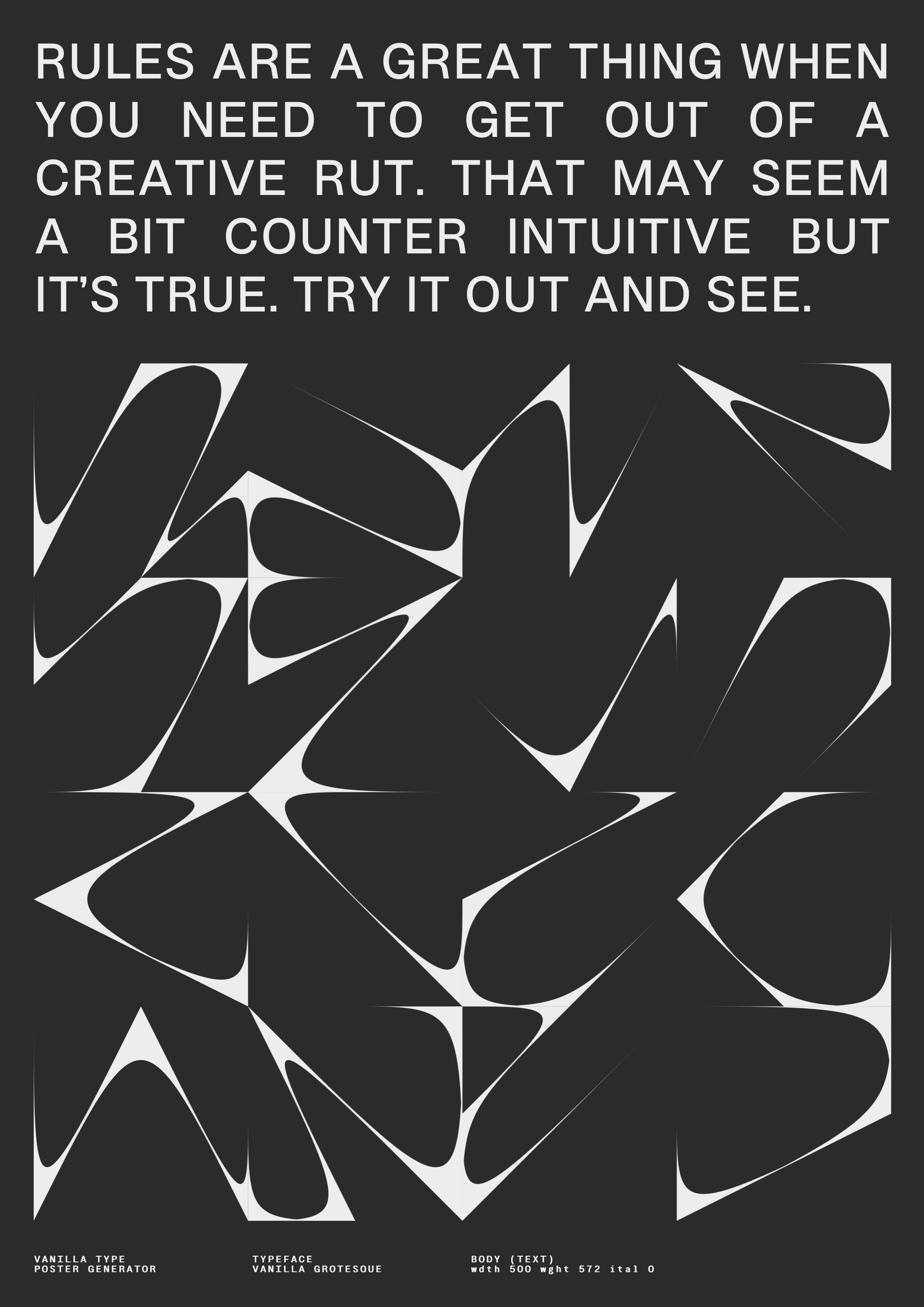 Black poster with abstract white branches forming jagged shapes.. Copyright Cotton Design, Talia Cotton