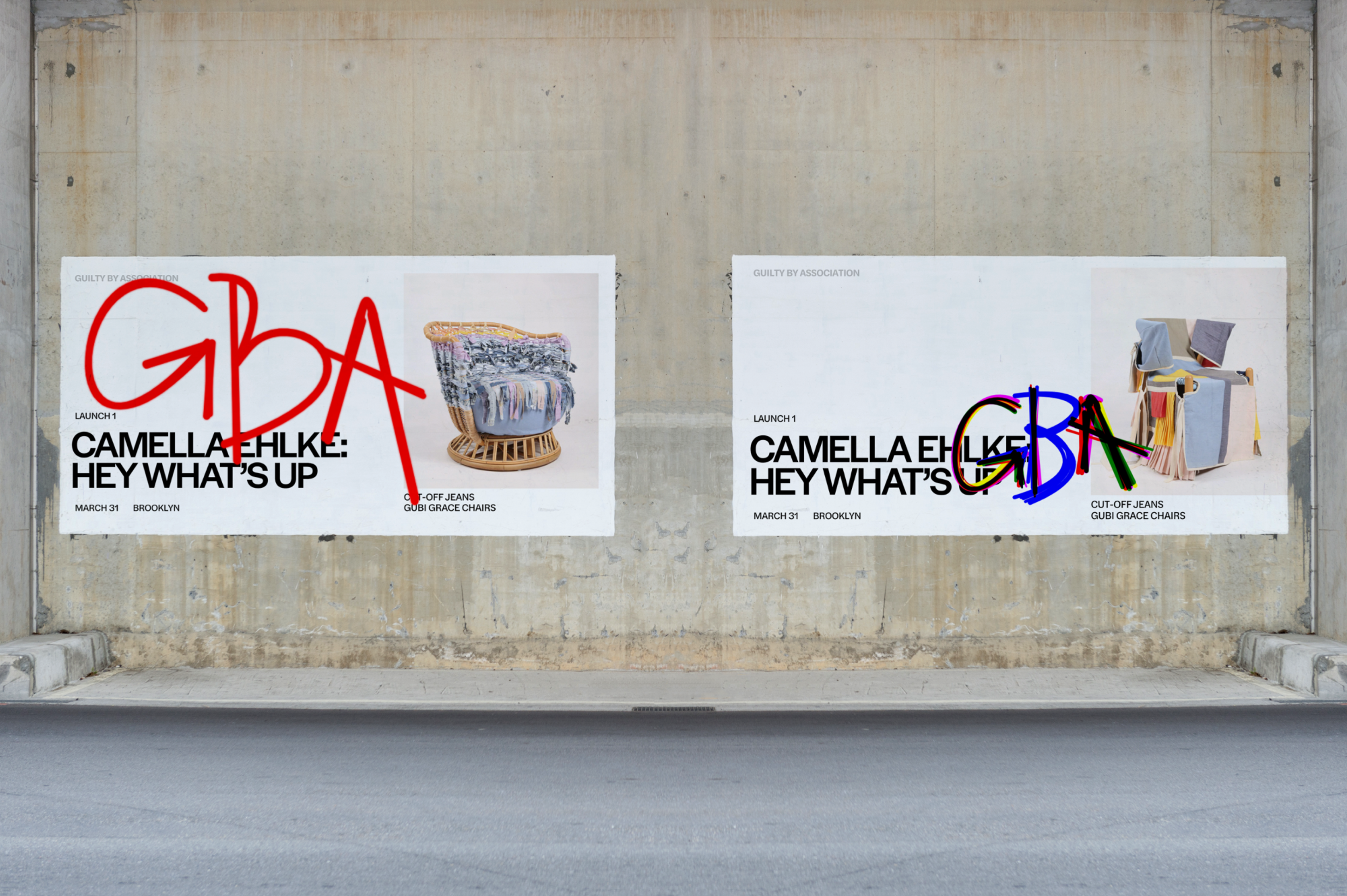 Exhibition poster ads for GBA Guilty by association. Copyright Cotton Design, Talia Cotton