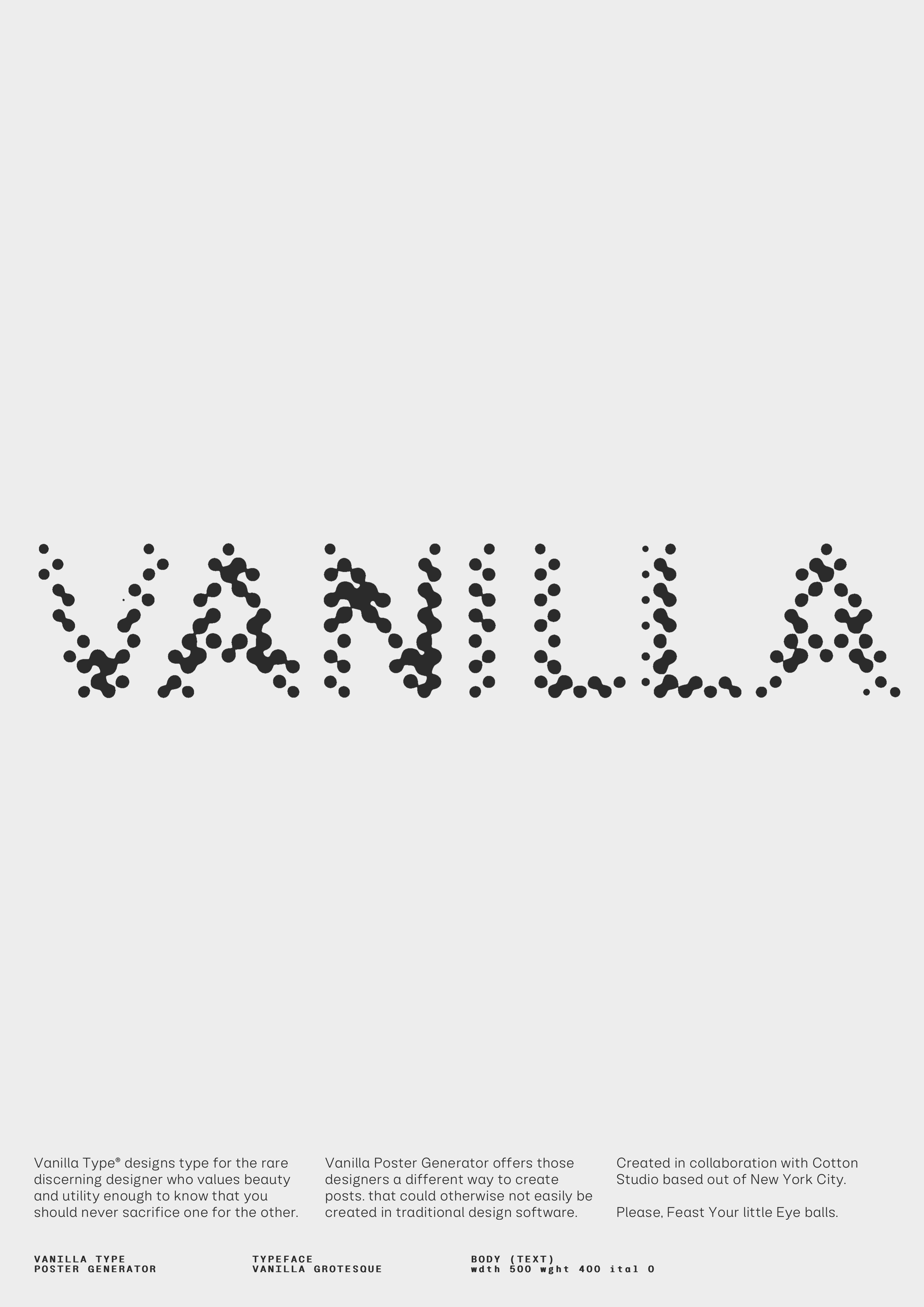 Word “Vanilla” spelled with tiny dots.. Copyright Cotton Design, Talia Cotton