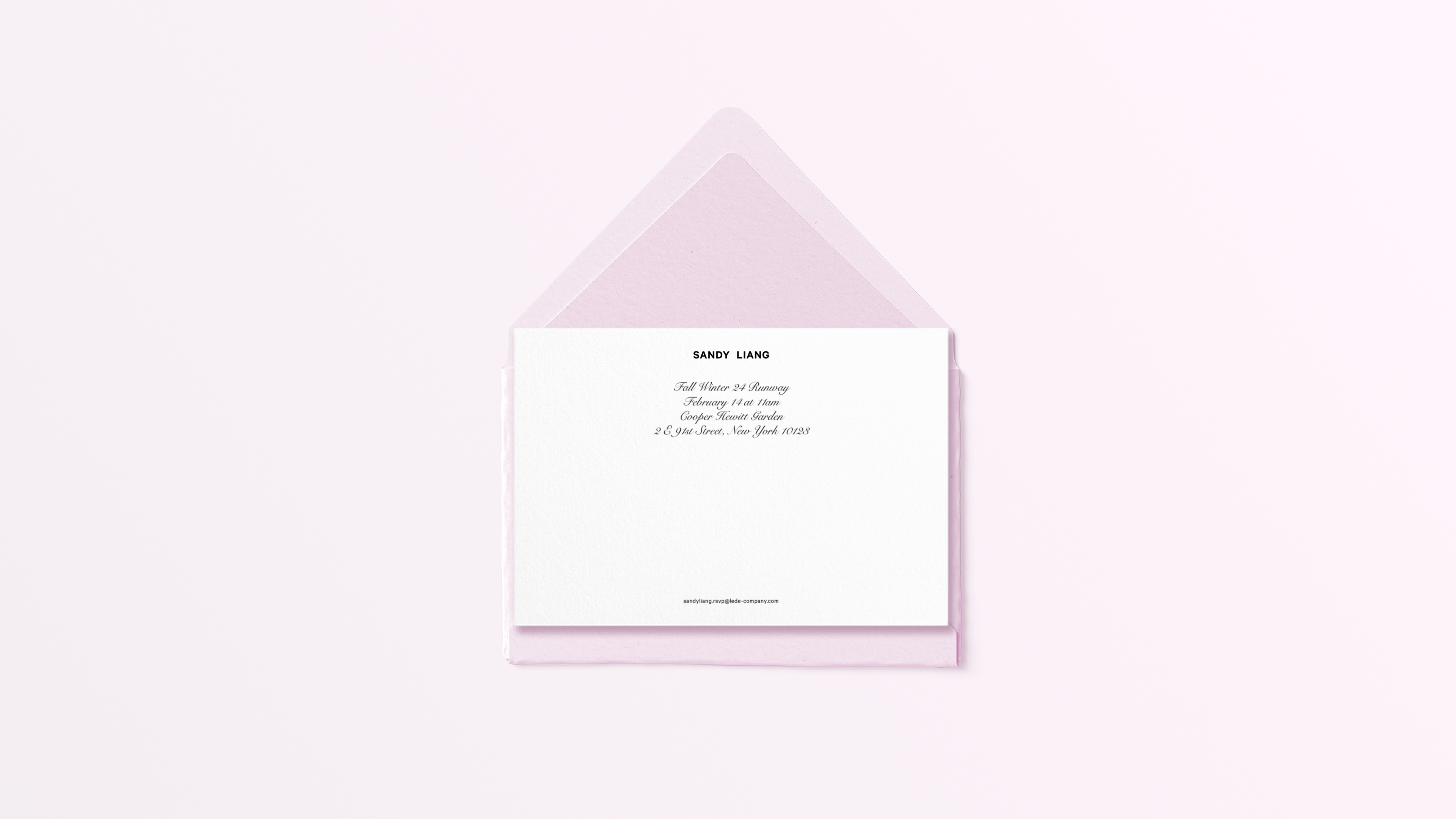 Sandy Liang stationery example with pink envelope using script type. Copyright Cotton Design, Talia Cotton