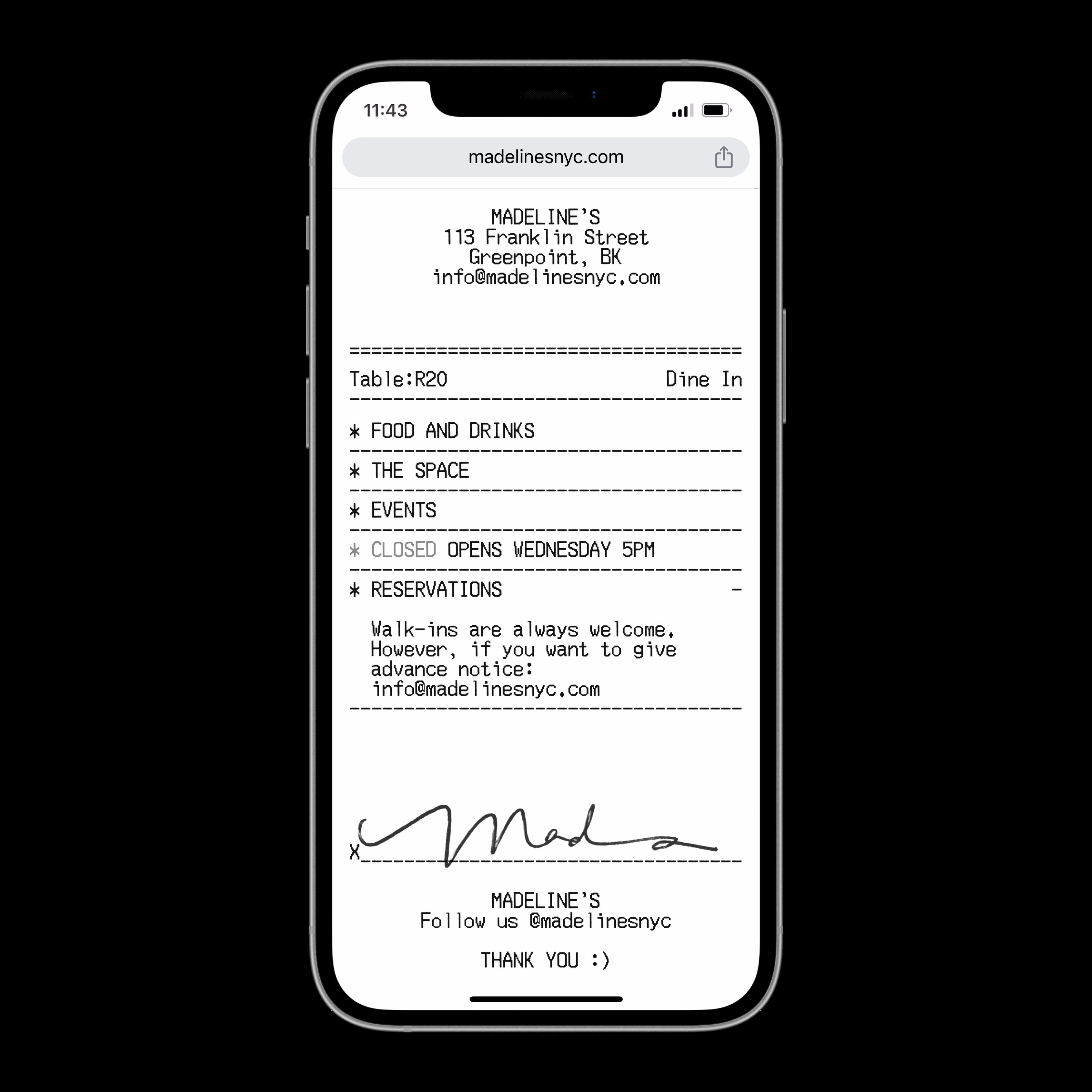 Phone view with text of information about the Madeline's restaurant . Copyright Cotton Design, Talia Cotton