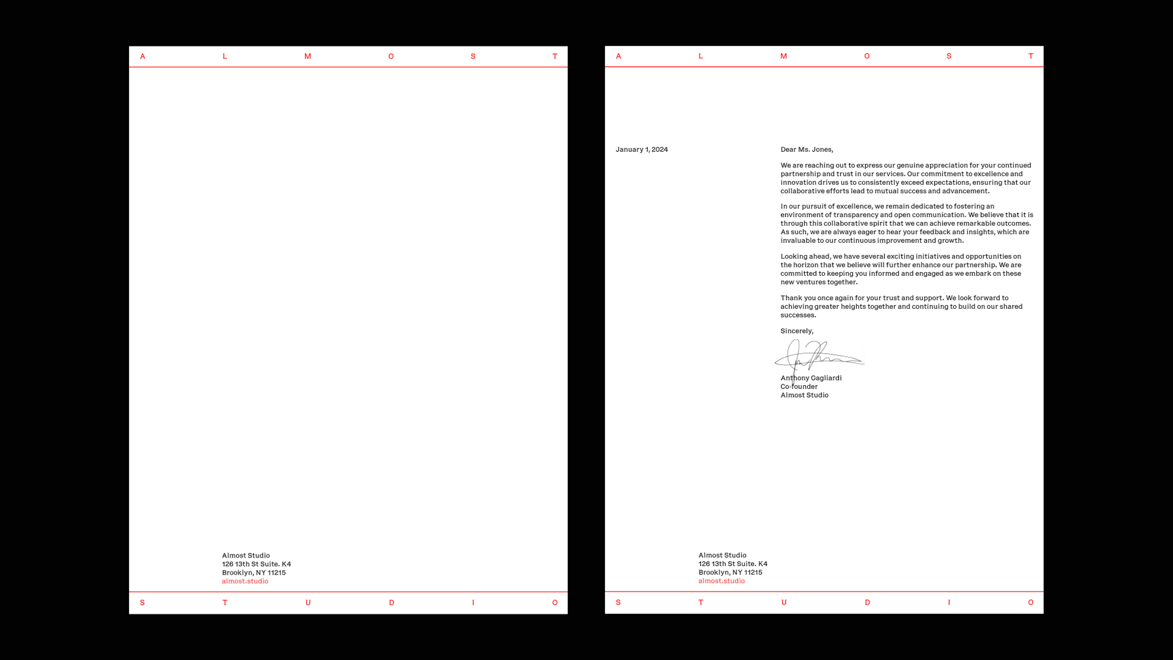 Stationary with Almost Studio logo. Copyright Cotton Design, Talia Cotton