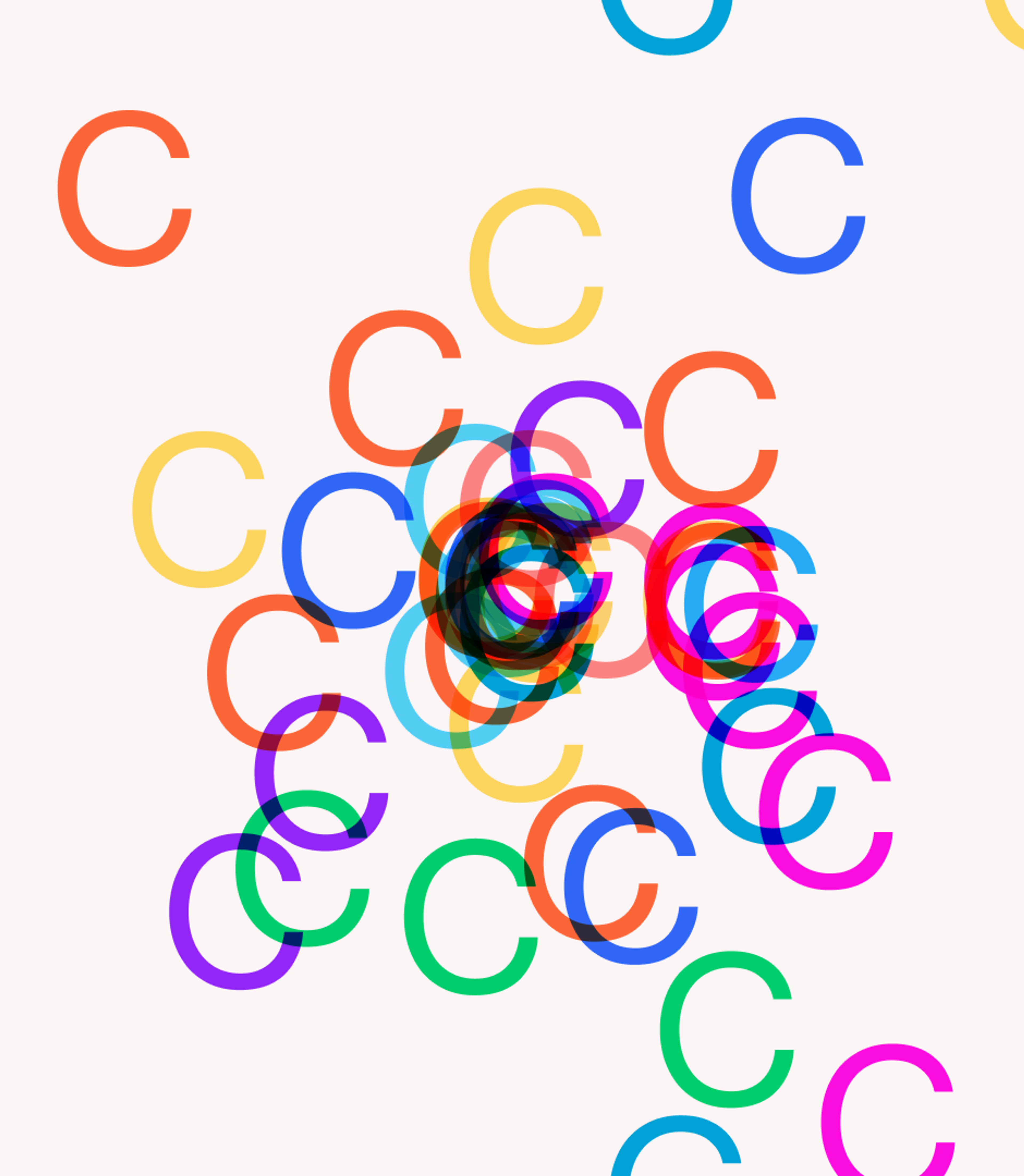 Many colorful letter "C"s spread out but gathered toward the center of the image.. Copyright Cotton Design, Talia Cotton