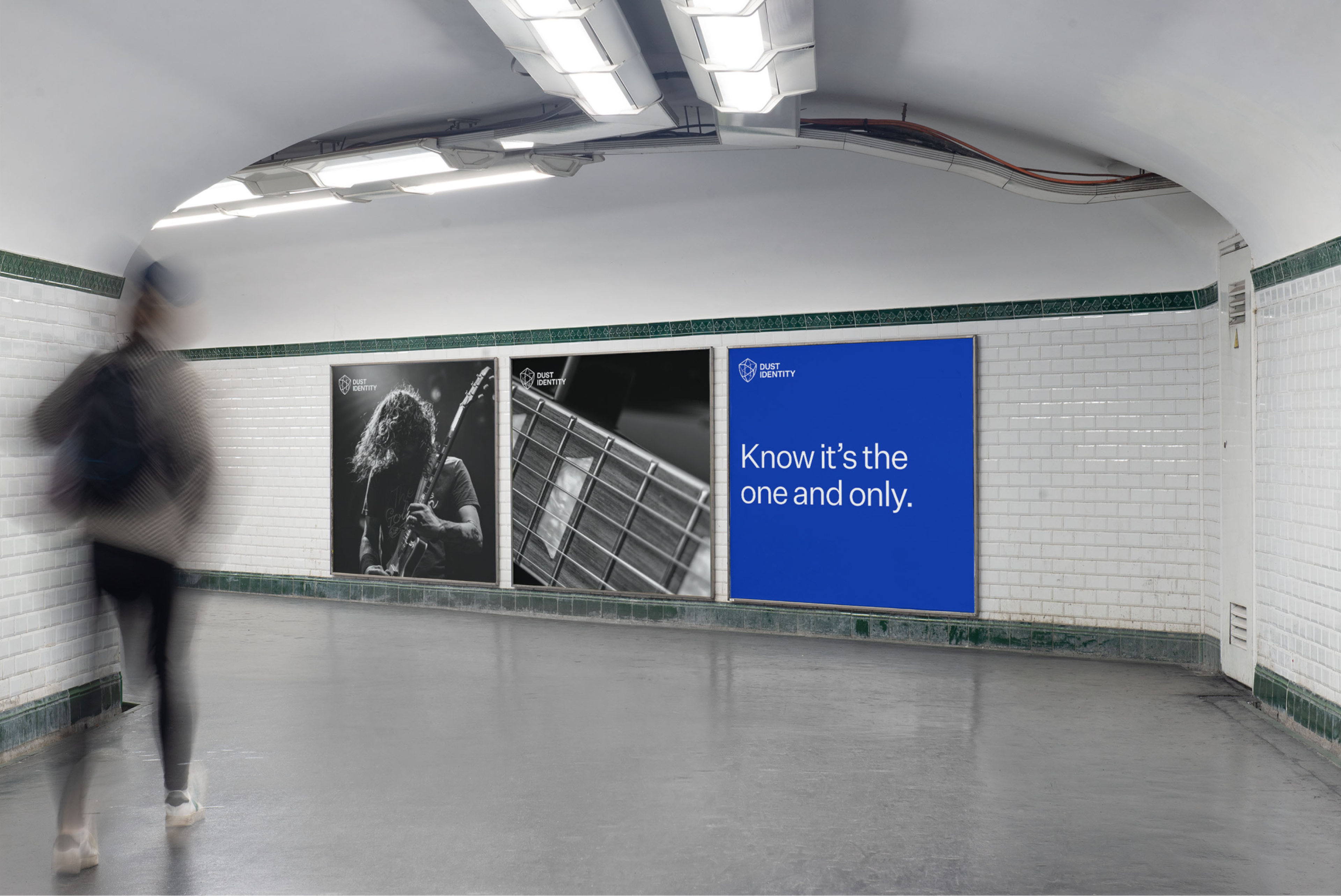 Subway posters for Dust Identity, poster on right says "Know it's the one and only" on a blue background, the rest are black and white images of an object.. Copyright Cotton Design, Talia Cotton