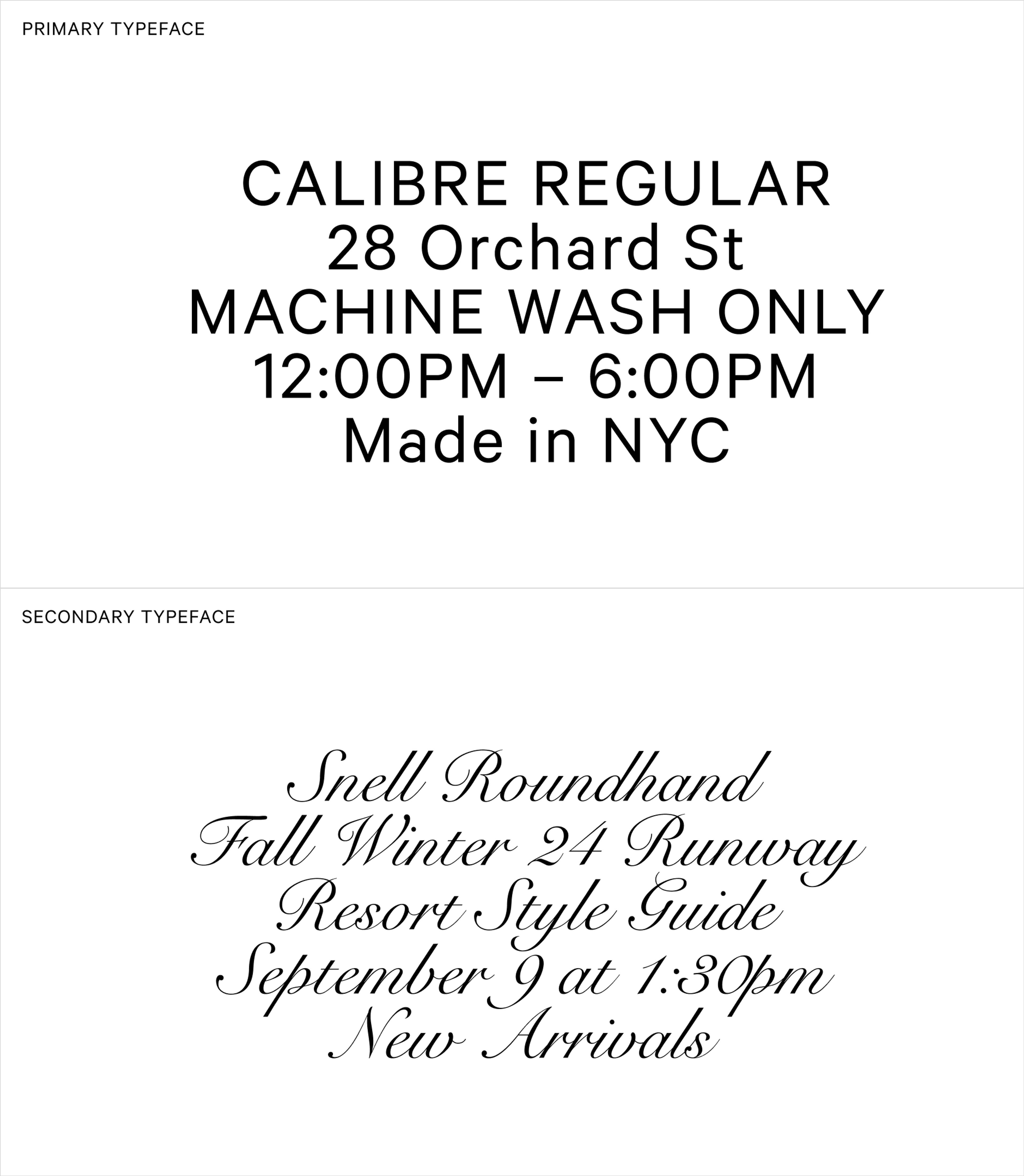 Typography samples for Calibre Regular and Snell Roundhand for the Sandy Liang brand identity. Copyright Cotton Design, Talia Cotton