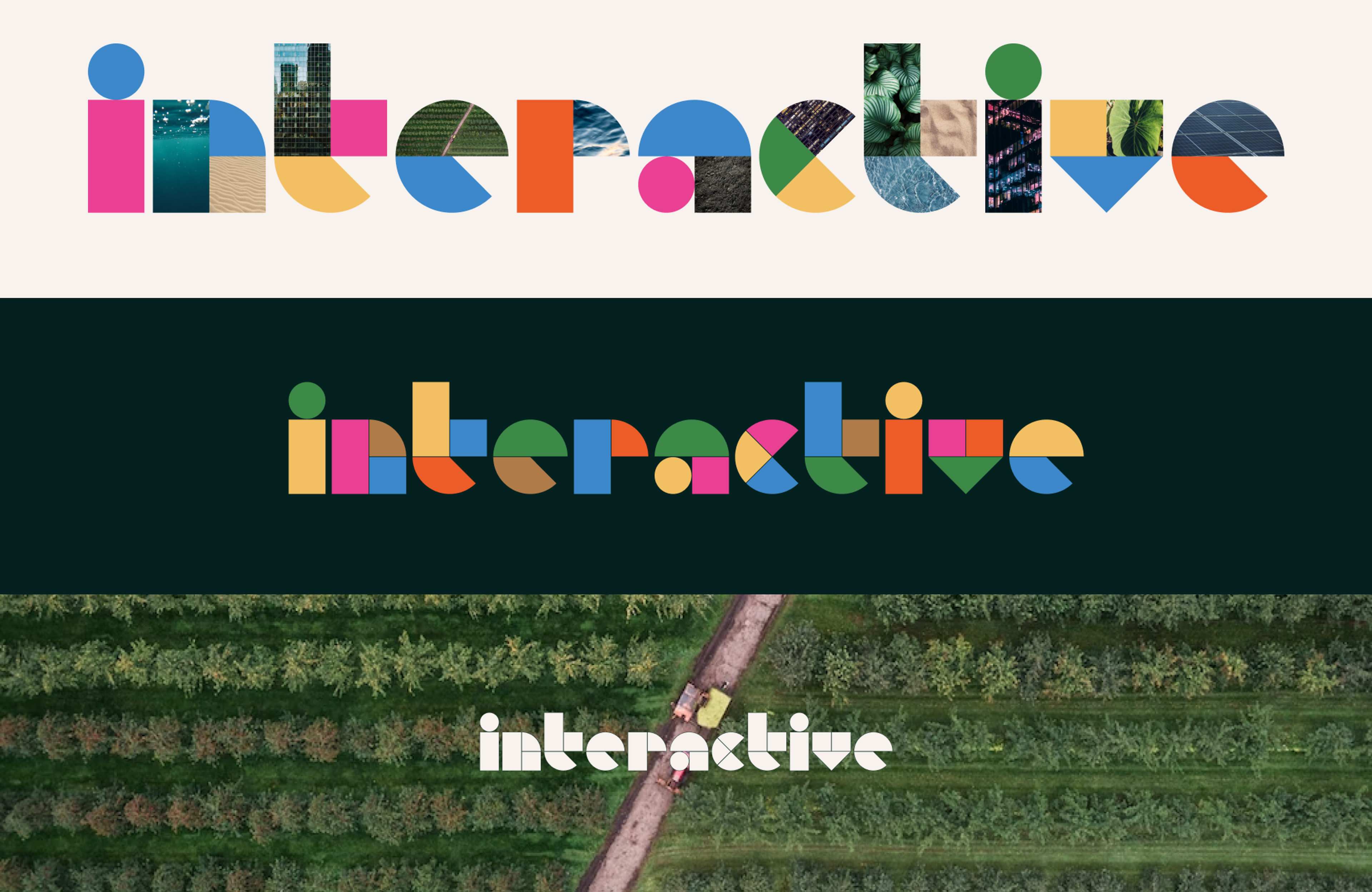 three images of the word interactive in different backgrounds. Copyright Cotton Design, Talia Cotton