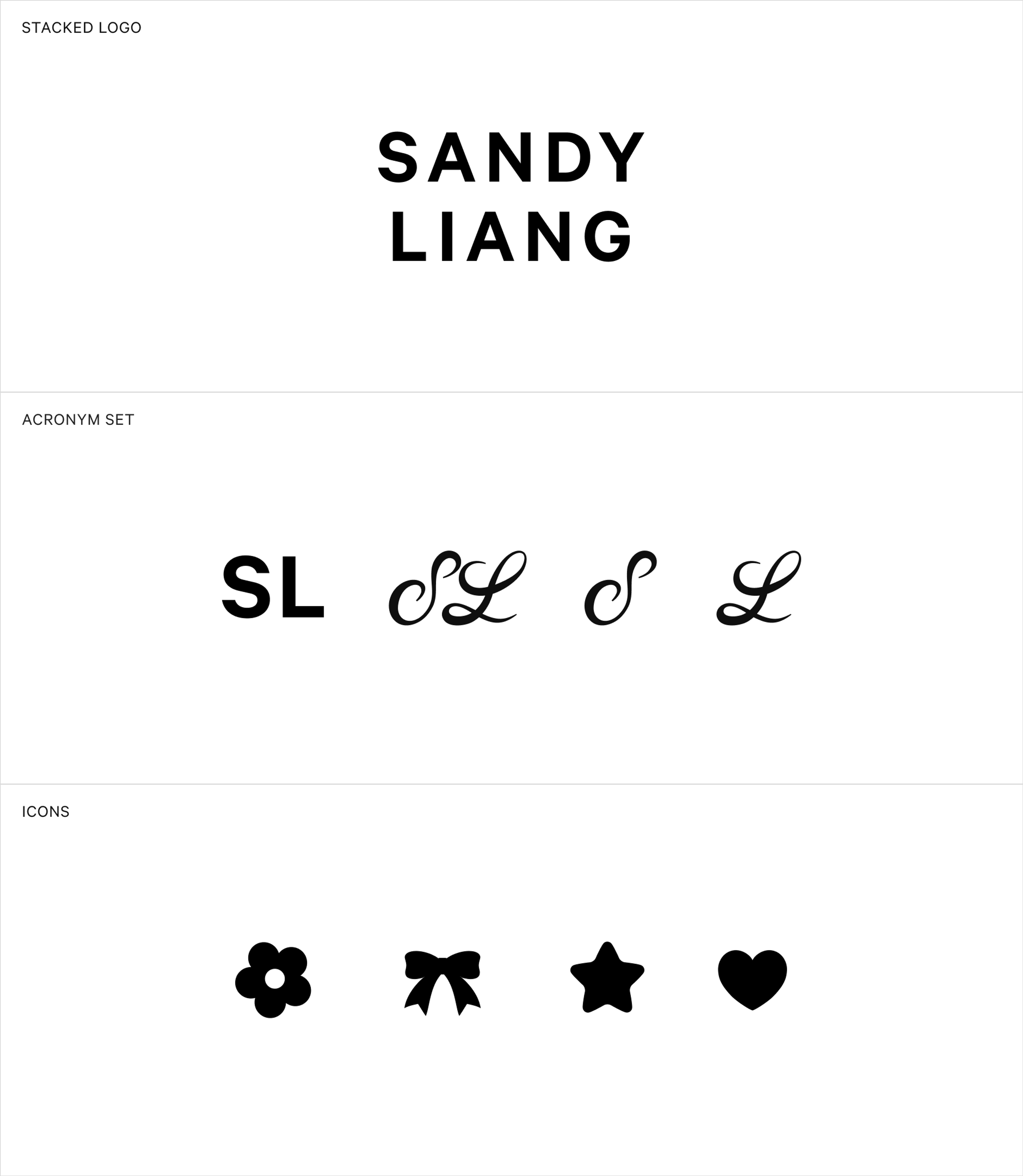 Sandy Liang stacked logo, acronym set, and icons. Copyright Cotton Design, Talia Cotton