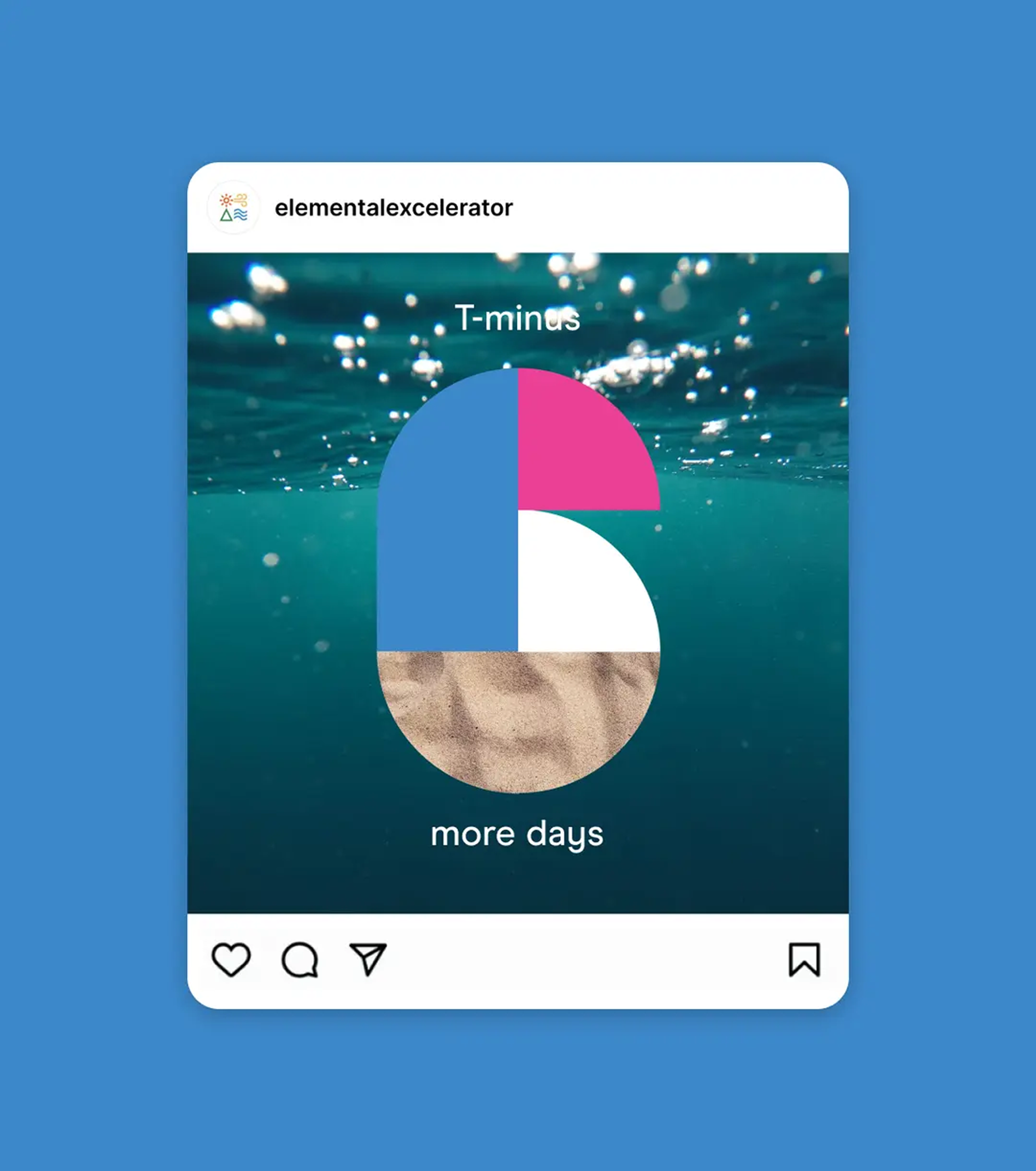 Social media post with blue background, and water and the words "6 more days" . Copyright Cotton Design, Talia Cotton